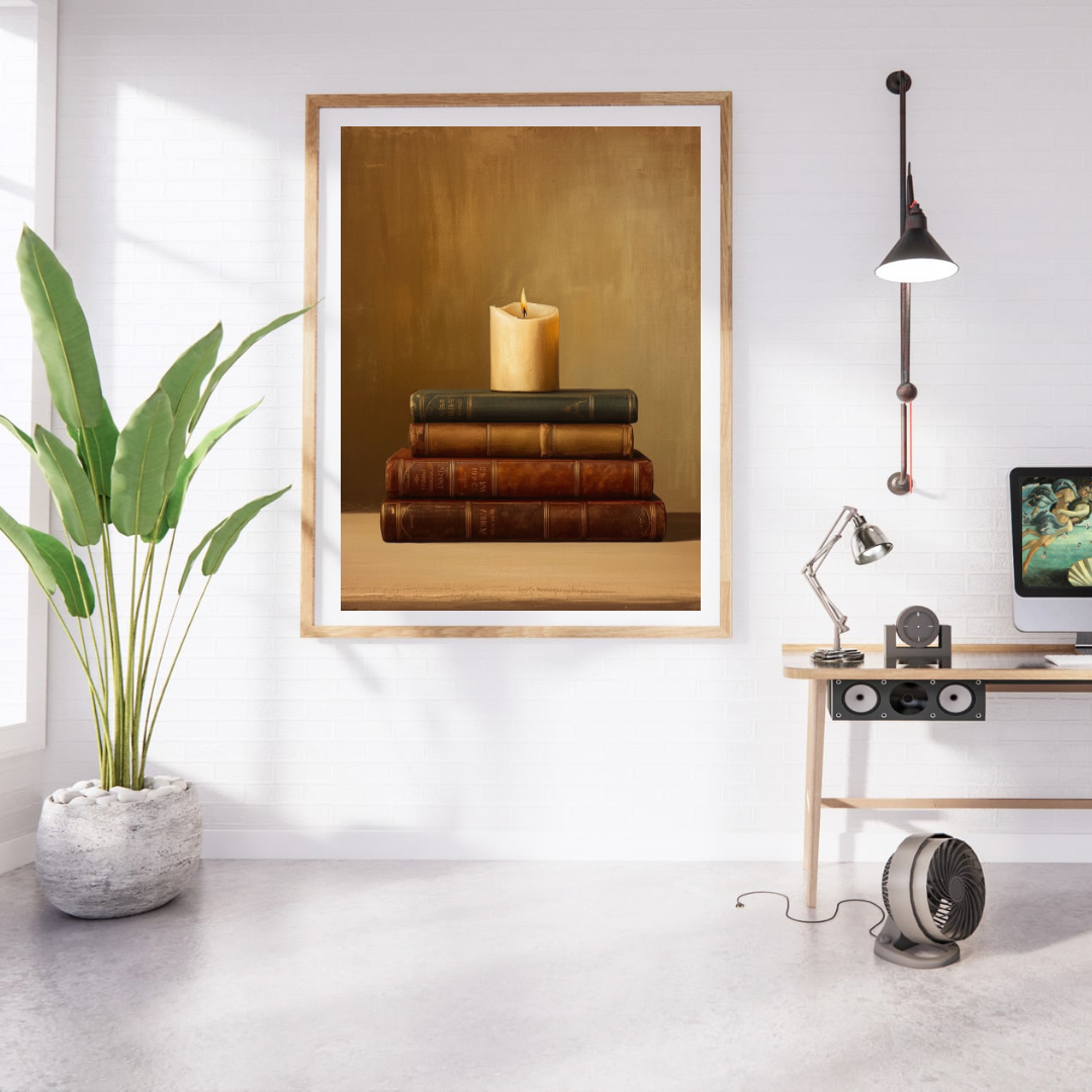 Boeken kaars stilleven schilderij in naturel houten lijst aan witte muur naast grote groene plant en houten bureau met lamp – klassiek wall art studeerkamer
