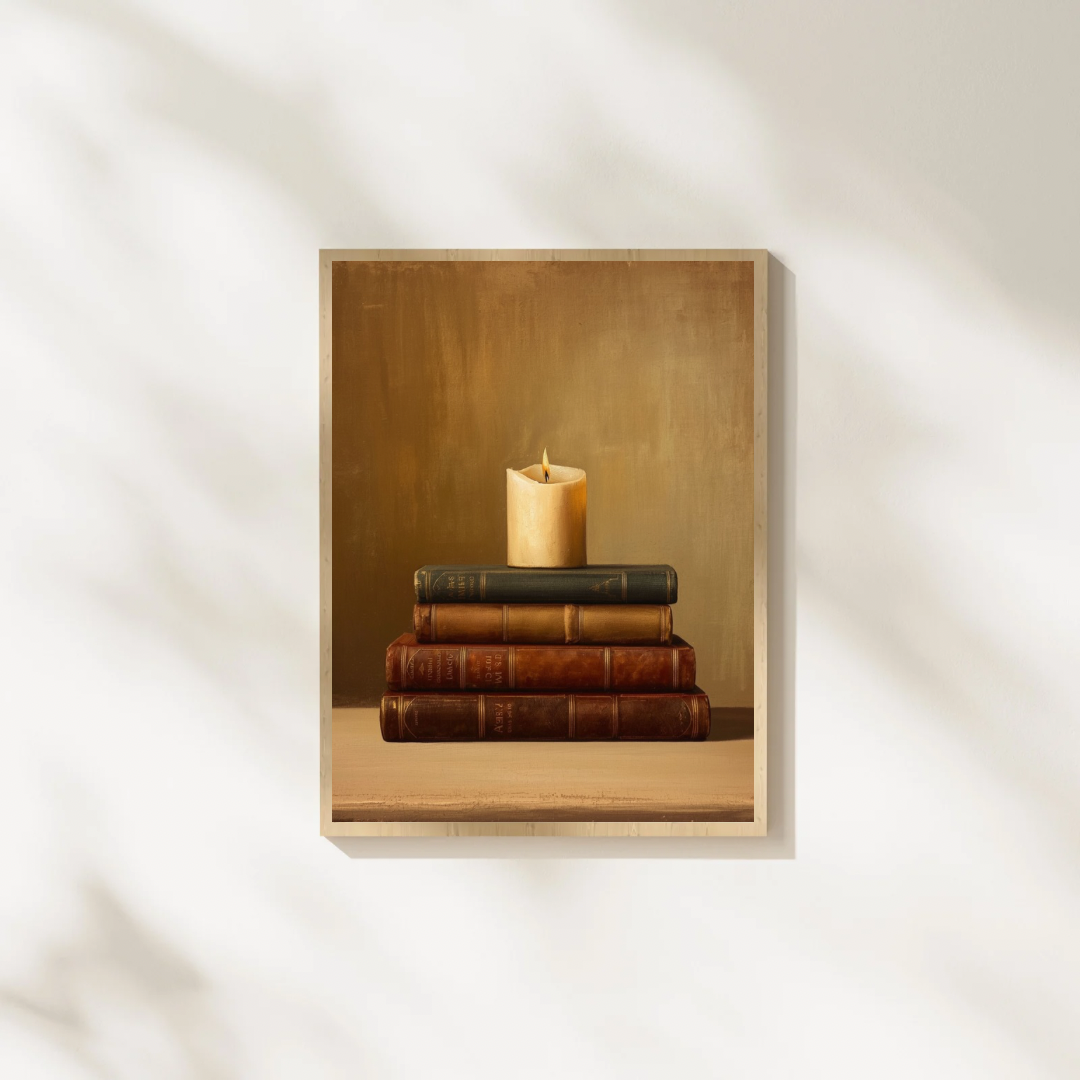 Boeken kaars stilleven schilderij in naturel houten lijst aan witte muur met zachte schaduwval – klassiek wall art studeerkamer
