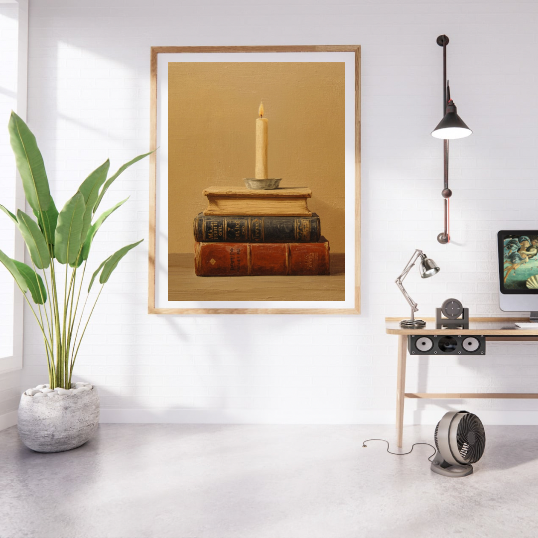 Boeken kandelaar stilleven schilderij in naturel houten lijst aan witte muur naast grote groene plant en houten bureau met lamp – klassiek wall art studeerkamer
