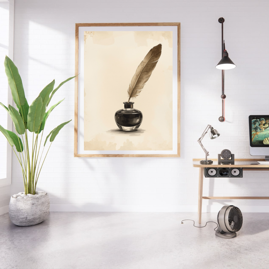 Veer inktpot waterverf schilderij in naturel houten lijst aan witte muur naast grote groene plant en houten bureau met lamp – klassiek wall art studeerkamer

