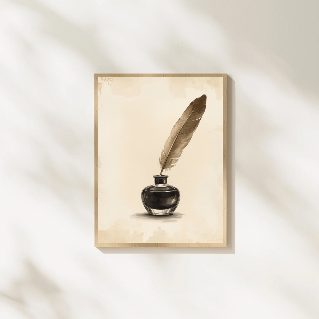 Veer inktpot waterverf schilderij in naturel houten lijst aan witte muur met zachte schaduwval – klassiek wall art studeerkamer
