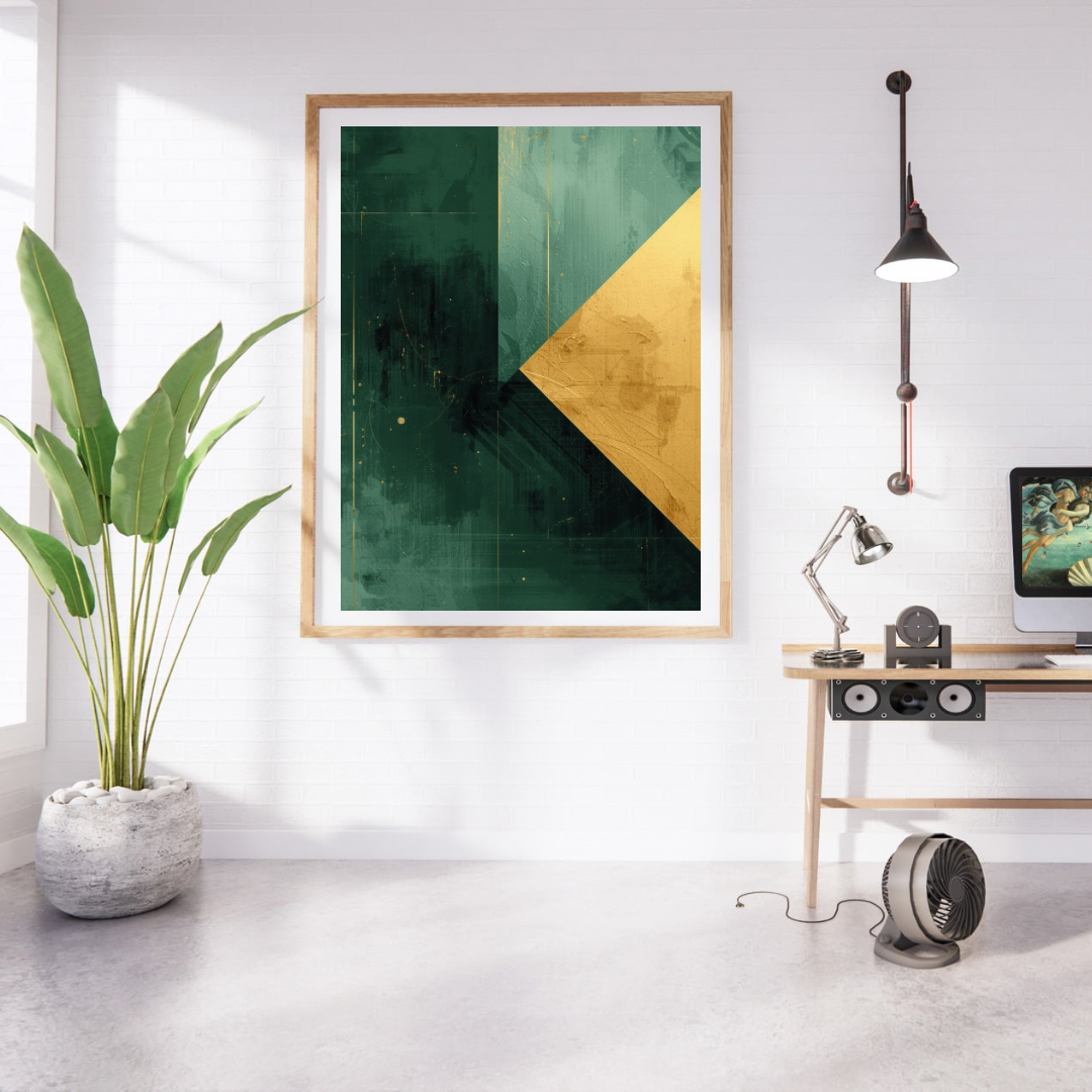 Abstract groen goud schilderij met diagonale driehoek in gouden lijst aan witte muur naast grote groene plant en houten bureau met lamp – geometrisch wall art studeerkamer
