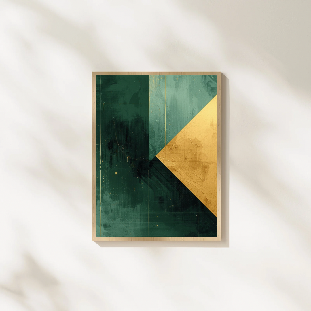 Abstract groen goud schilderij met diagonale driehoek in gouden lijst staand op witte ondergrond tegen witte muur – modern wall art studeerkamer

