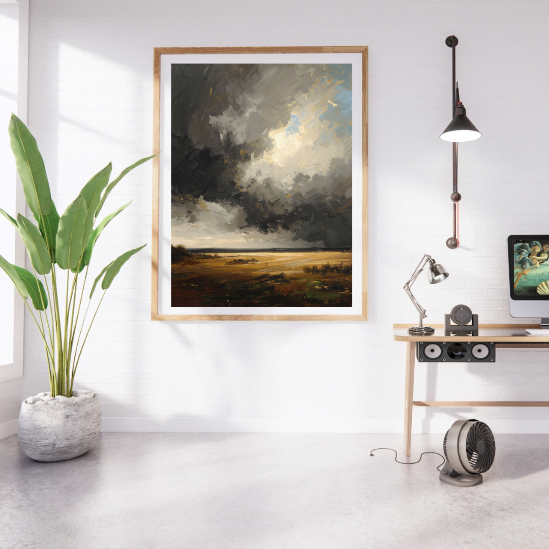 Dramatisch landschap schilderij met donkere wolkenlucht en gouden horizon in gouden lijst aan witte muur naast grote groene plant en houten bureau met lamp – cinematisch wall art studeerkamer
