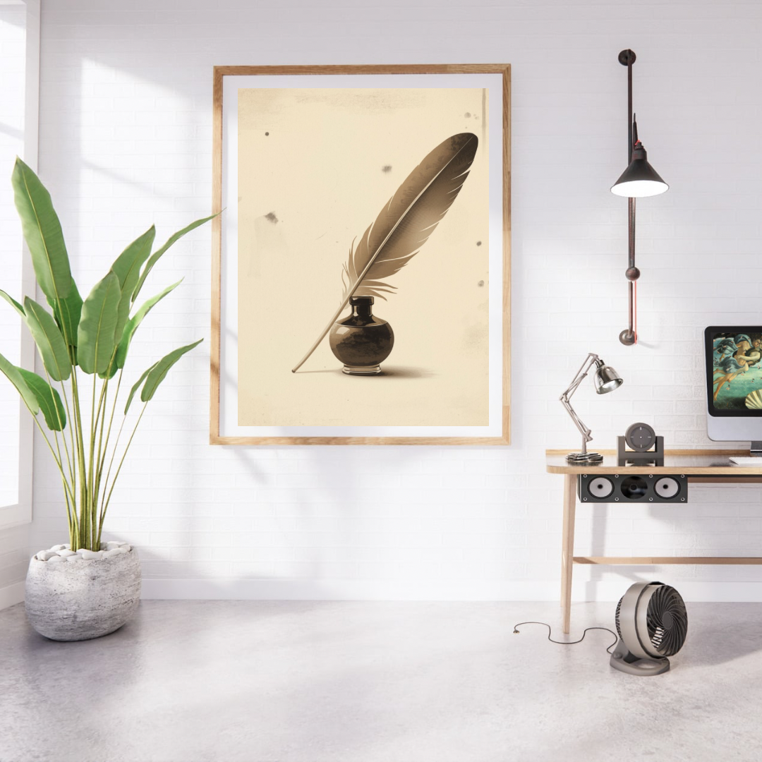 Veer en inktpot schilderij in gouden lijst aan witte muur naast grote groene plant en houten bureau met lamp – klassiek literair wall art studeerkamer
