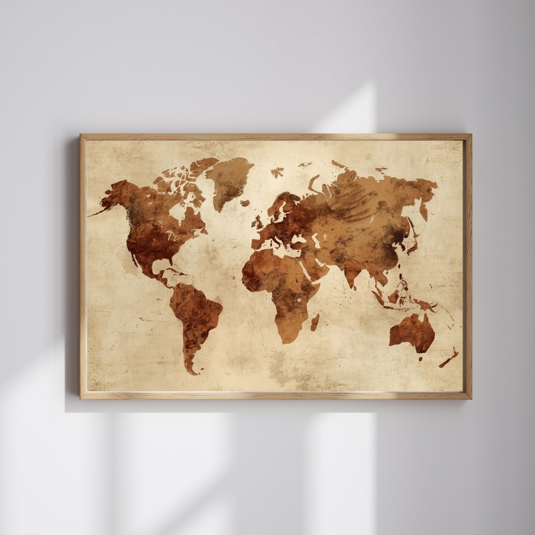 Vintage sepia wereldkaart schilderij hangend aan grijze muur in lichte ruimte – antiek reisdecor wall art studeerkamer
