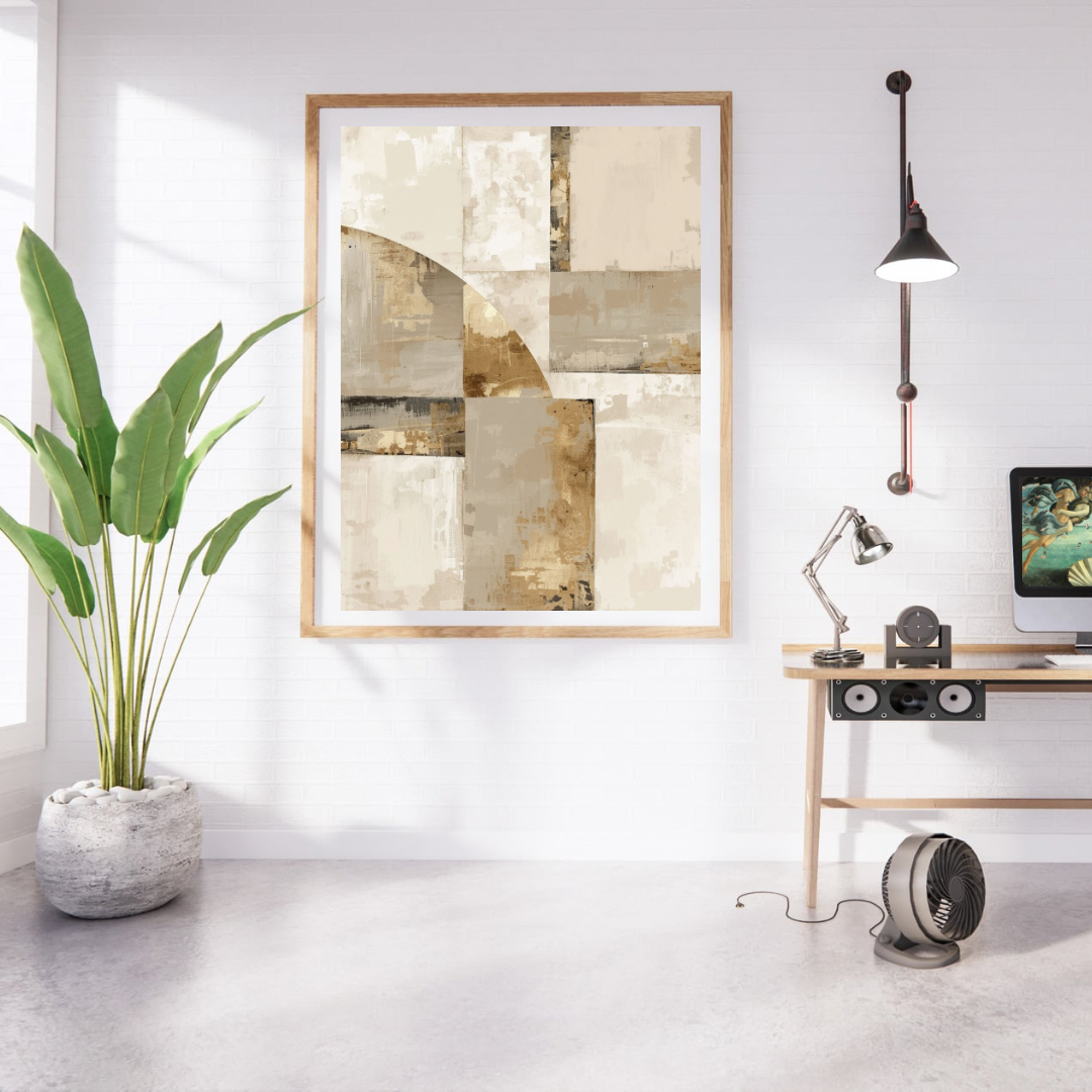 Abstract patchwork schilderij in beige oker en zachtgroen in gouden lijst aan witte muur naast grote groene plant en houten bureau met lamp – aards wall art studeerkamer
