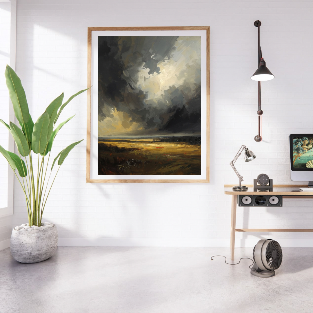 Dramatisch wolkenlandschap schilderij met stormlucht en gouden lichtstraal in gouden lijst aan witte muur naast grote groene plant en houten bureau met lamp – cinematisch wall art studeerkamer

