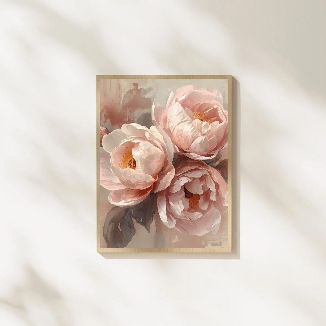 Pioenrozen schilderij met zachte roze pioenen in volle bloei in gouden lijst staand op witte ondergrond tegen witte muur – romantisch wall art slaapkamer
