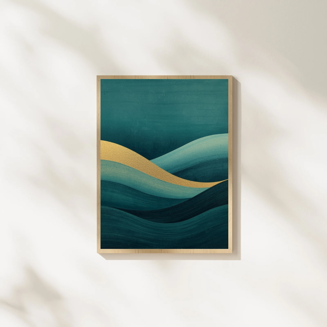 Abstract smaragdgroene golf schilderij met gouden lichtlijn in gouden lijst staand op witte ondergrond tegen witte muur – sereen wall art slaapkamer
