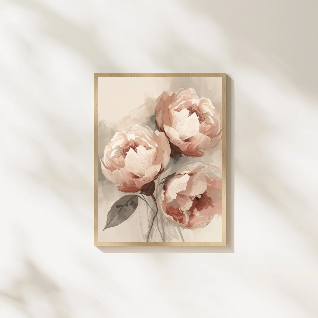 Pioenrozen boeket schilderij met zachte roze pioenen en groene bladeren in gouden lijst staand op witte ondergrond tegen witte muur – romantisch wall art slaapkamer

