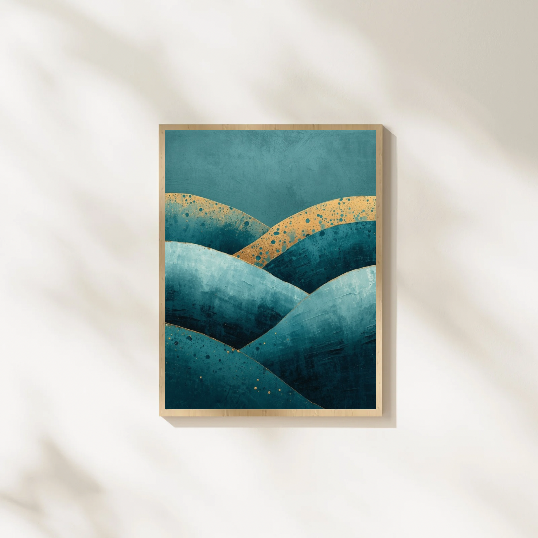 Abstract teal goud golven schilderij met gouden lichtband in gouden lijst staand op witte ondergrond tegen witte muur – luxueus wall art slaapkamer
