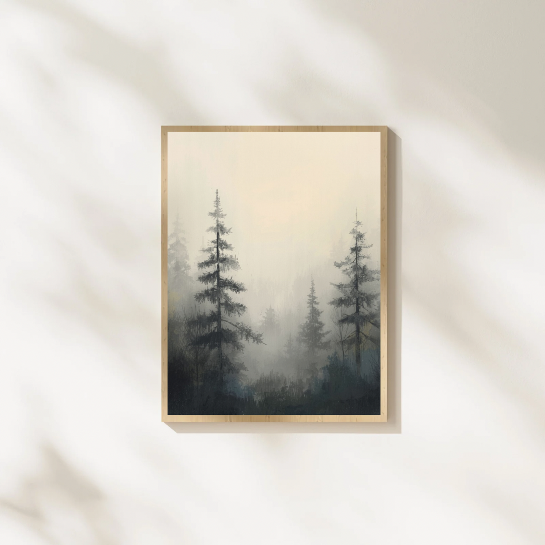 Mistig dennenbos schilderij met hoge dennenbomen in grijze mistsfeer in gouden lijst staand op witte ondergrond tegen witte muur – sereen wall art slaapkamer
