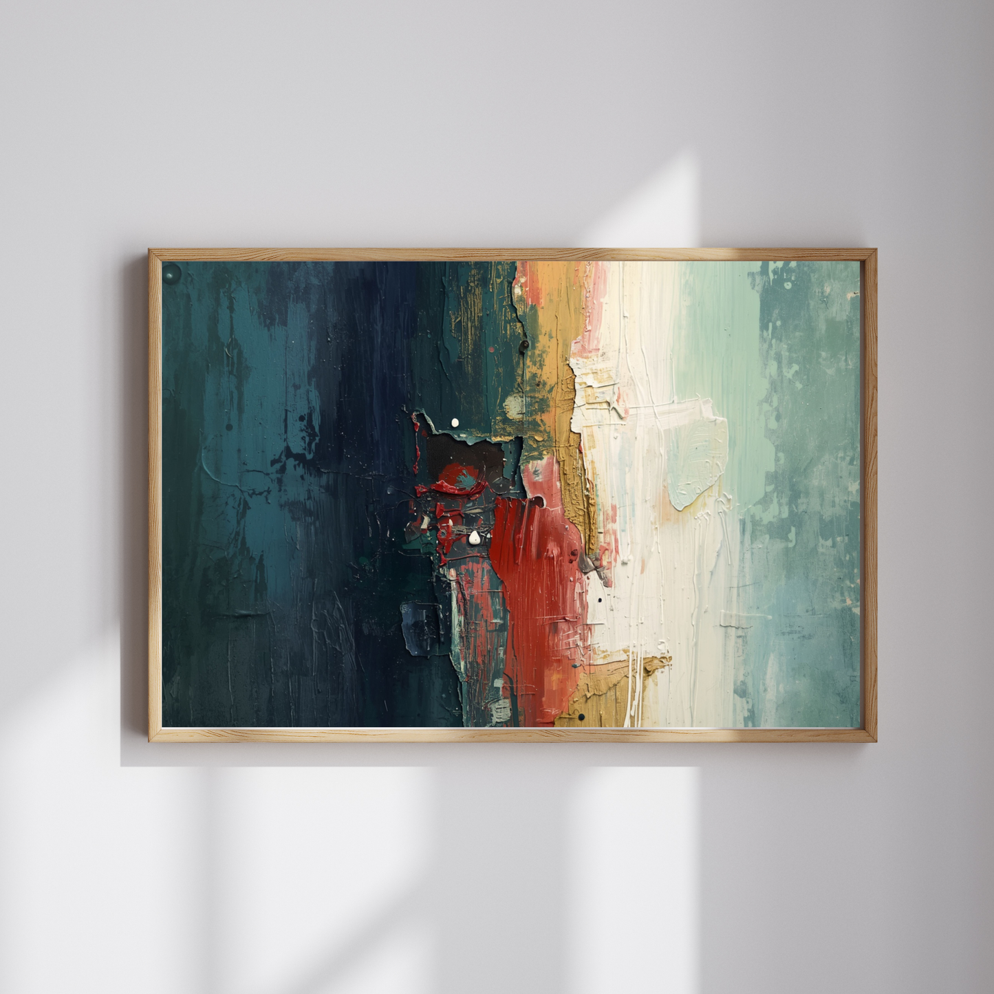 Abstract expressionistisch schilderij met donkerblauw rood en goud op crème fond in gouden lijst hangend aan witte muur – krachtig wall art overloop
