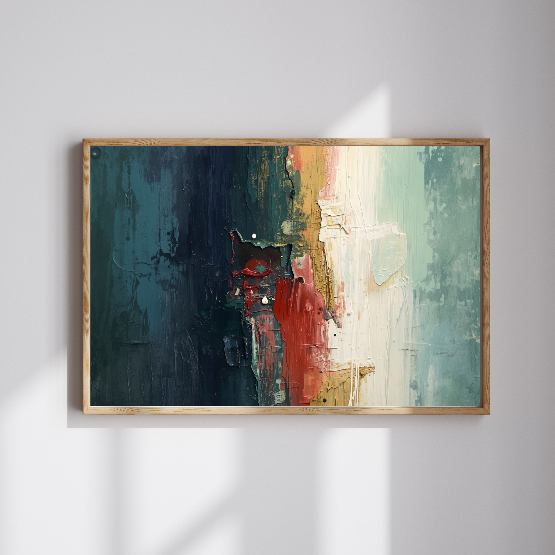 Abstract expressionistisch schilderij met donkerblauw rood en goud op crème fond in gouden lijst hangend aan witte muur – krachtig wall art overloop
