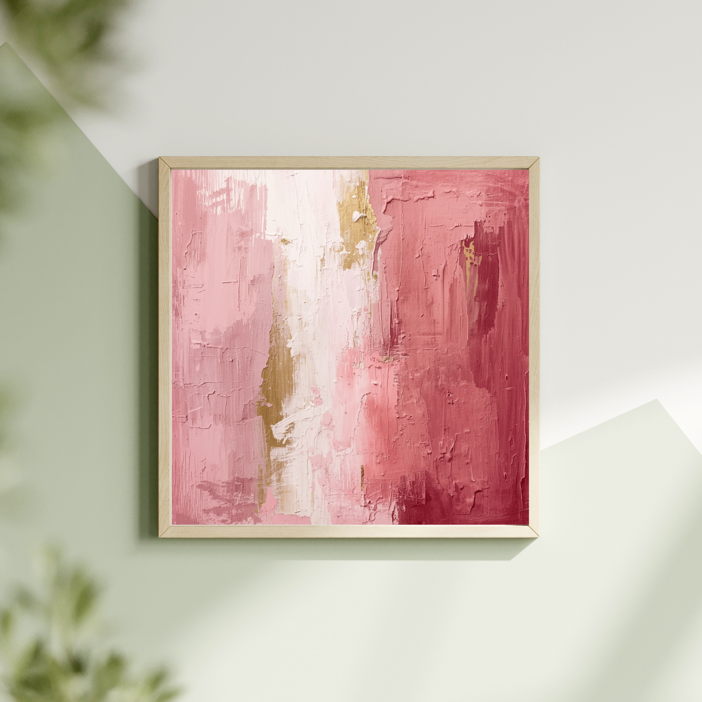 Abstract roze goud schilderij met expressieve penseelstreken en gouden accenten in witte lijst hangend aan lichte muur met groene plant – romantisch wall art overloop

