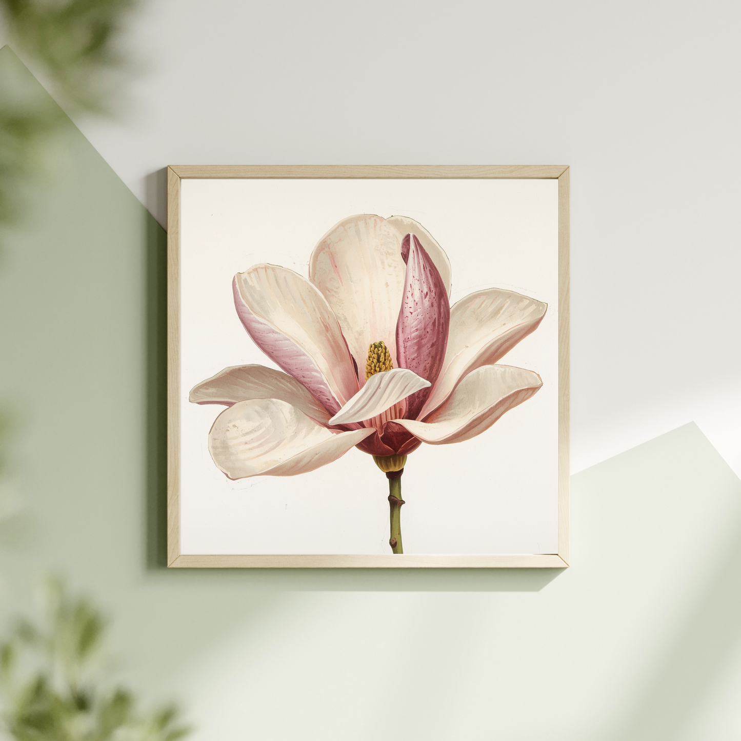 Magnolia tak schilderij met roze bloesem en groene stengel in witte lijst hangend aan lichte muur met groene plant – botanisch wall art overloop
