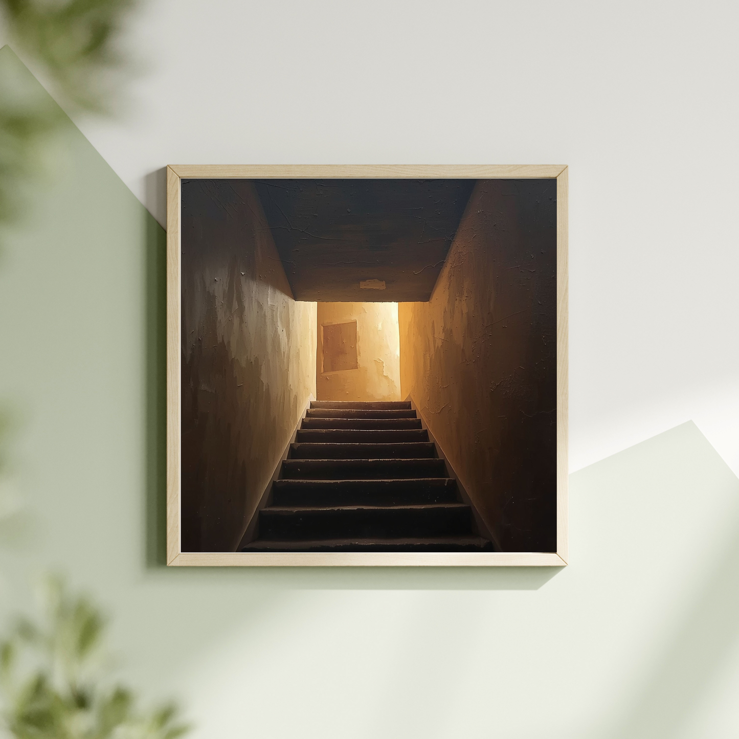 Trap naar het licht schilderij met donkere betonnen trap en gouden lichtopening in witte lijst hangend aan lichte muur met groene plant – cinematisch wall art overloop
