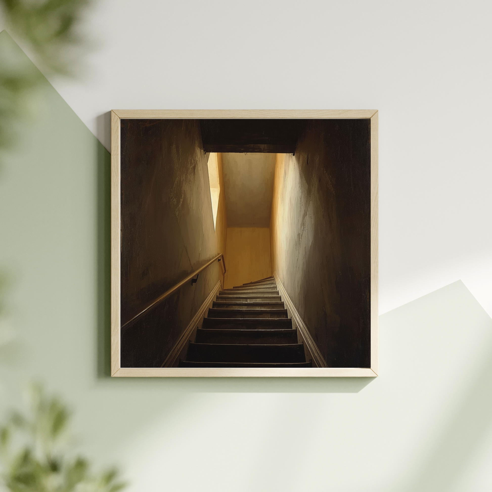 Donkere trap schilderij met smalle houten trap en warme gouden lichtgloed in witte lijst hangend aan lichte muur met groene plant – cinematisch wall art overloop
