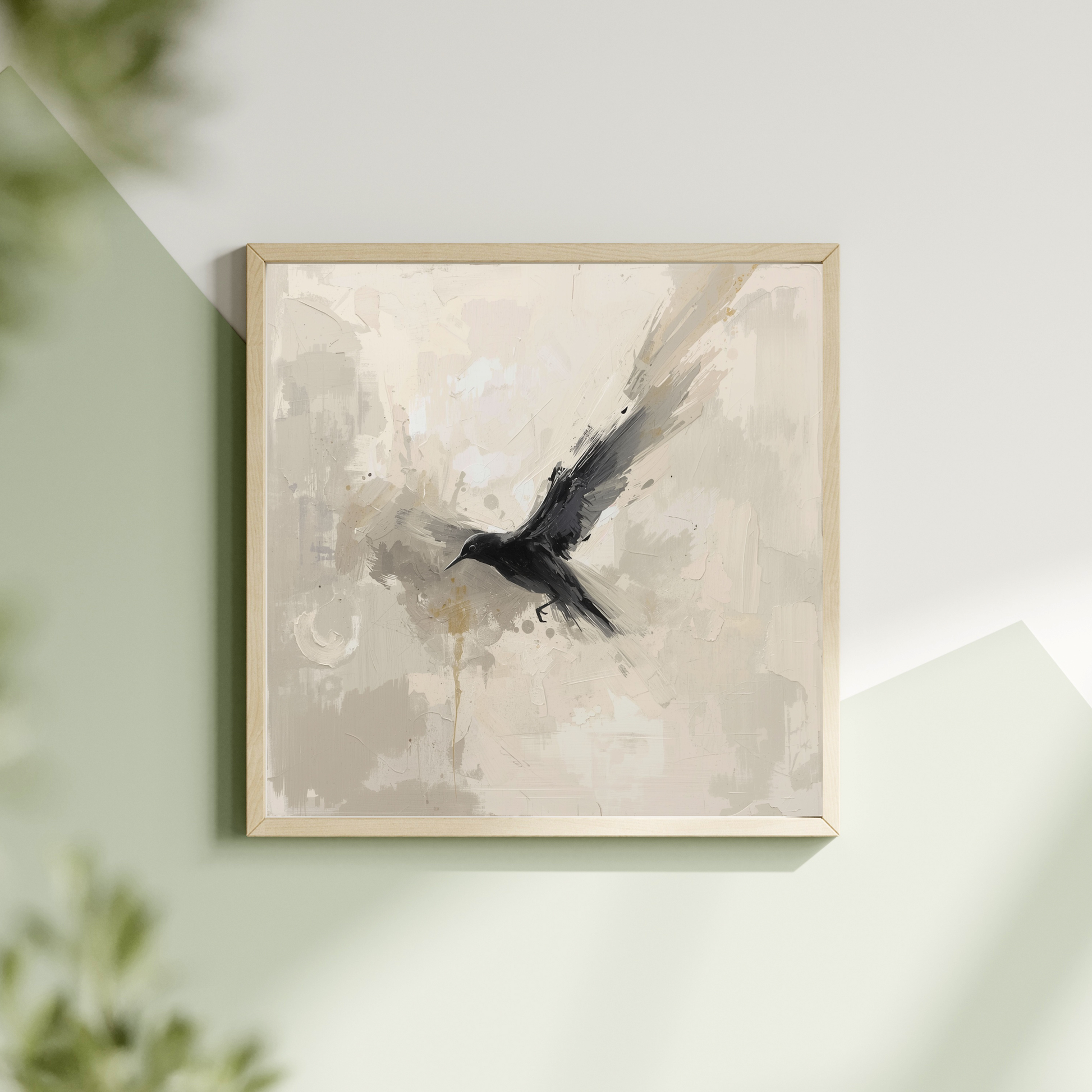Vliegende kraai schilderij met zwarte kraai in vlucht op mistig crème fond in witte lijst hangend aan lichte muur met groene plant – expressief wall art overloop
