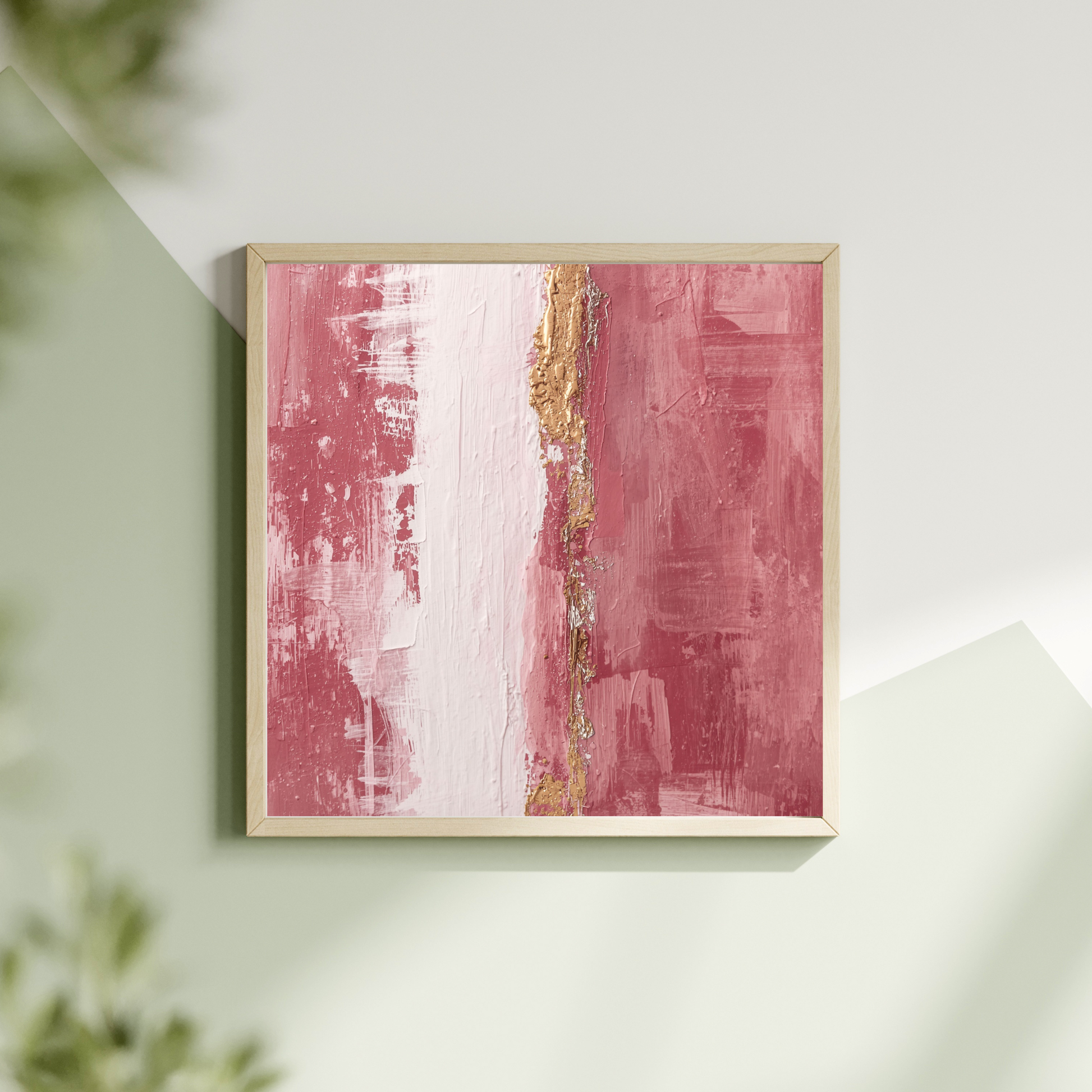 Abstract roze goud schilderij met verticale penseellagen en gouden lichtstrepen in witte lijst hangend aan lichte muur met groene plant – romantisch wall art overloop
