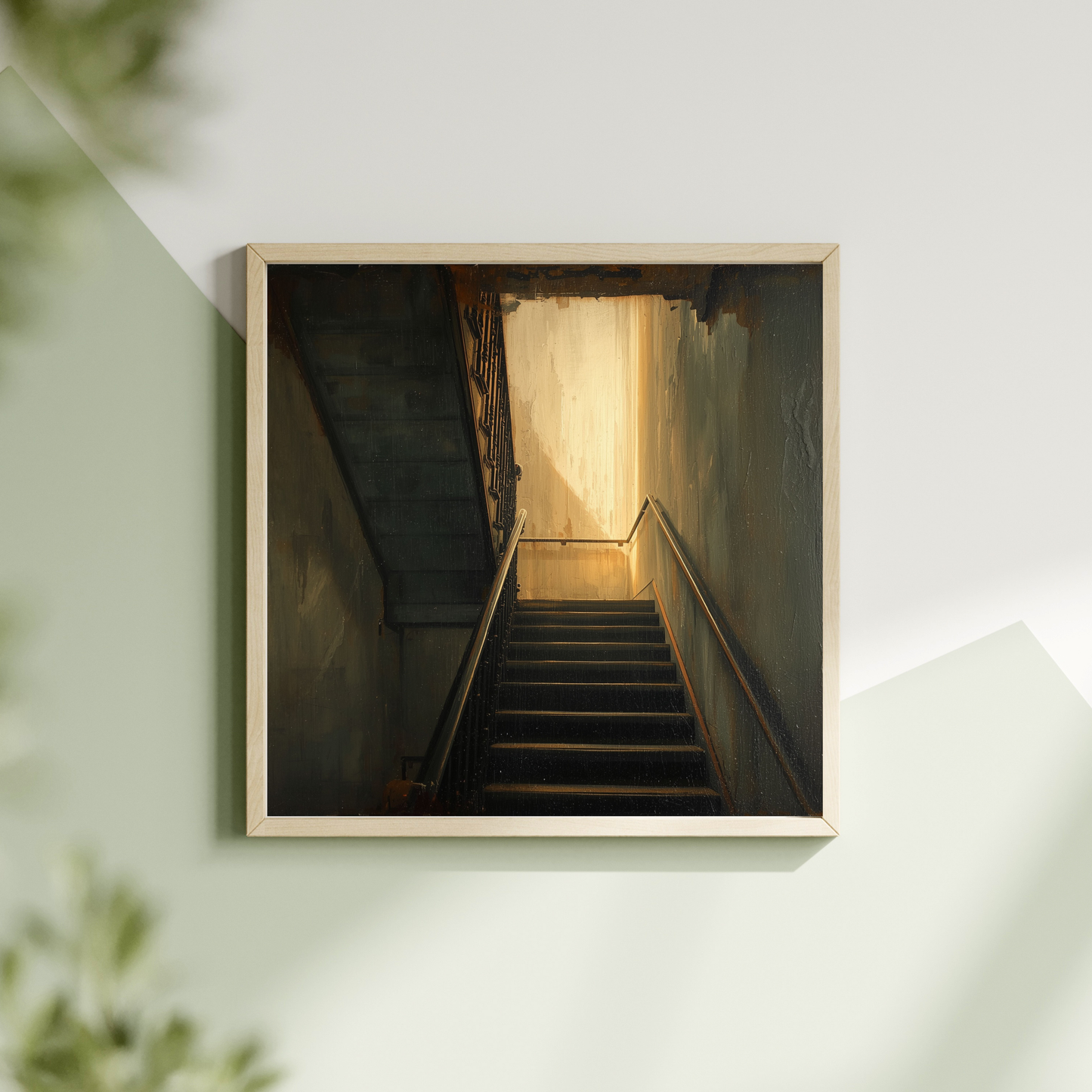 Verlichte trap schilderij met donkere betonnen trap en warme gele lichtgloed in witte lijst hangend aan lichte muur met groene plant – symbolisch wall art overloop
