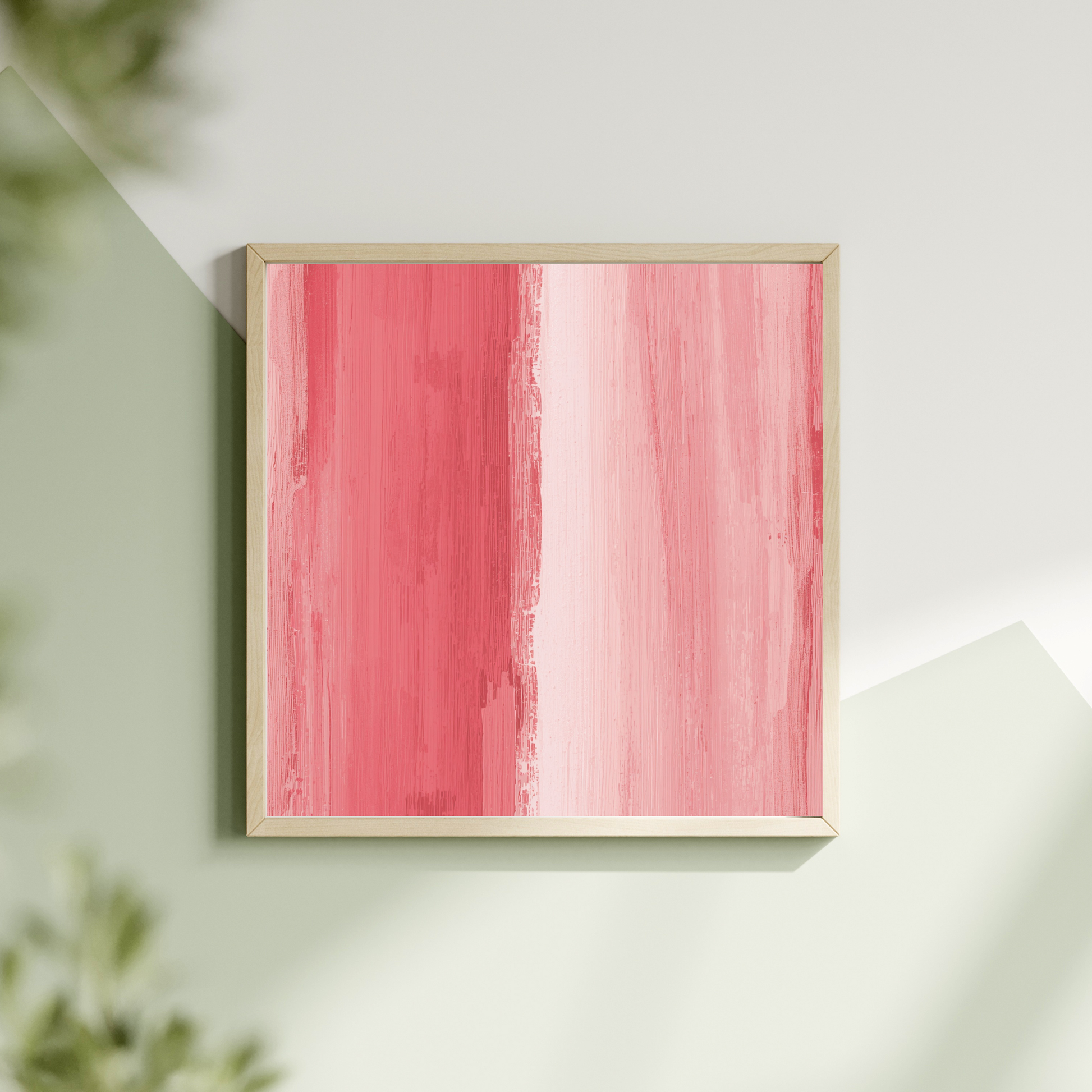 Abstract roze wit schilderij met verticale penseelstroken in koraalroze en wit in witte lijst liggend op lichte ondergrond met groene plant – fris wall art overloop
