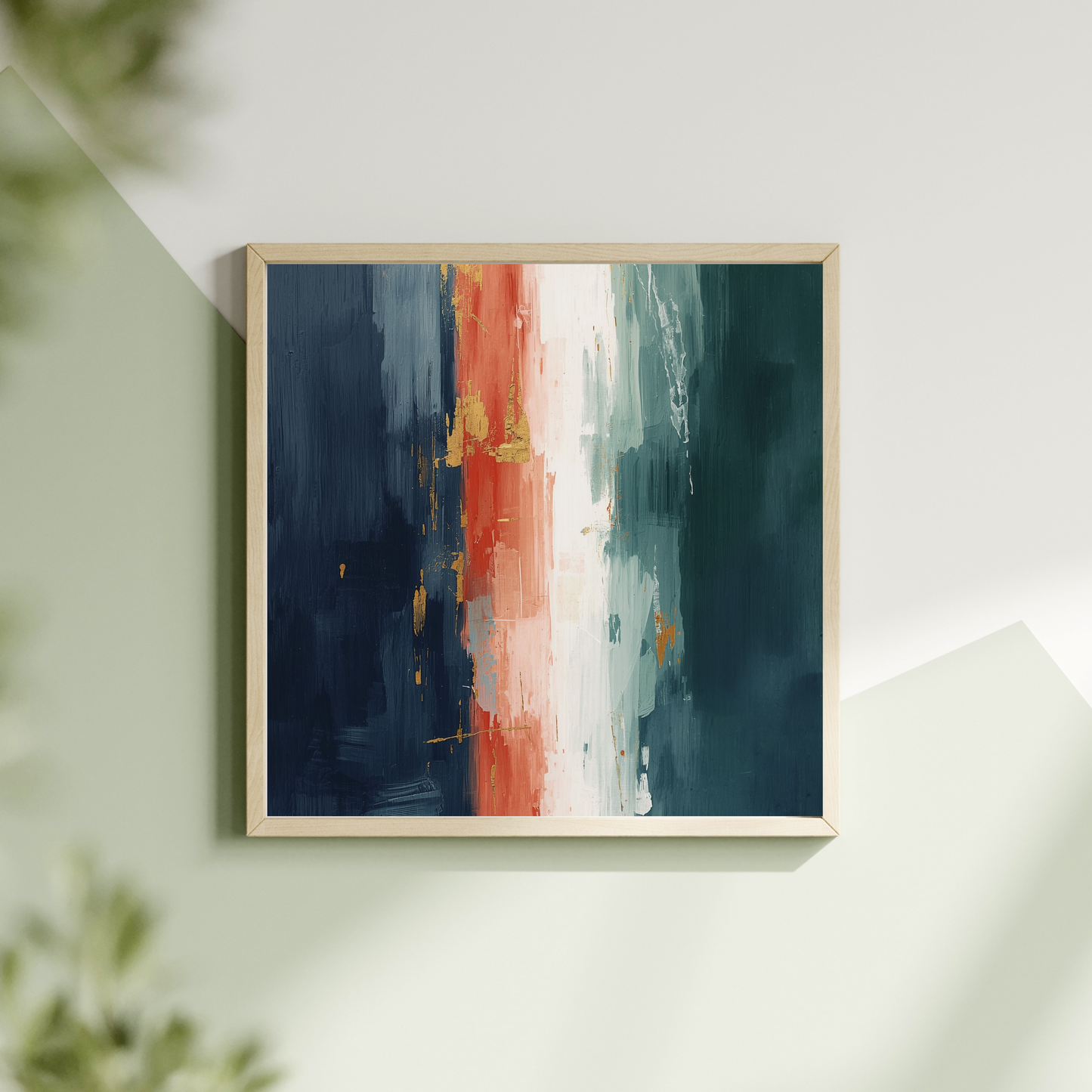 Abstract teal terracotta schilderij met diepblauwe teal en warme terracotta penseellagen in witte lijst hangend aan lichte muur met groene plant – gedurfd wall art overloop
