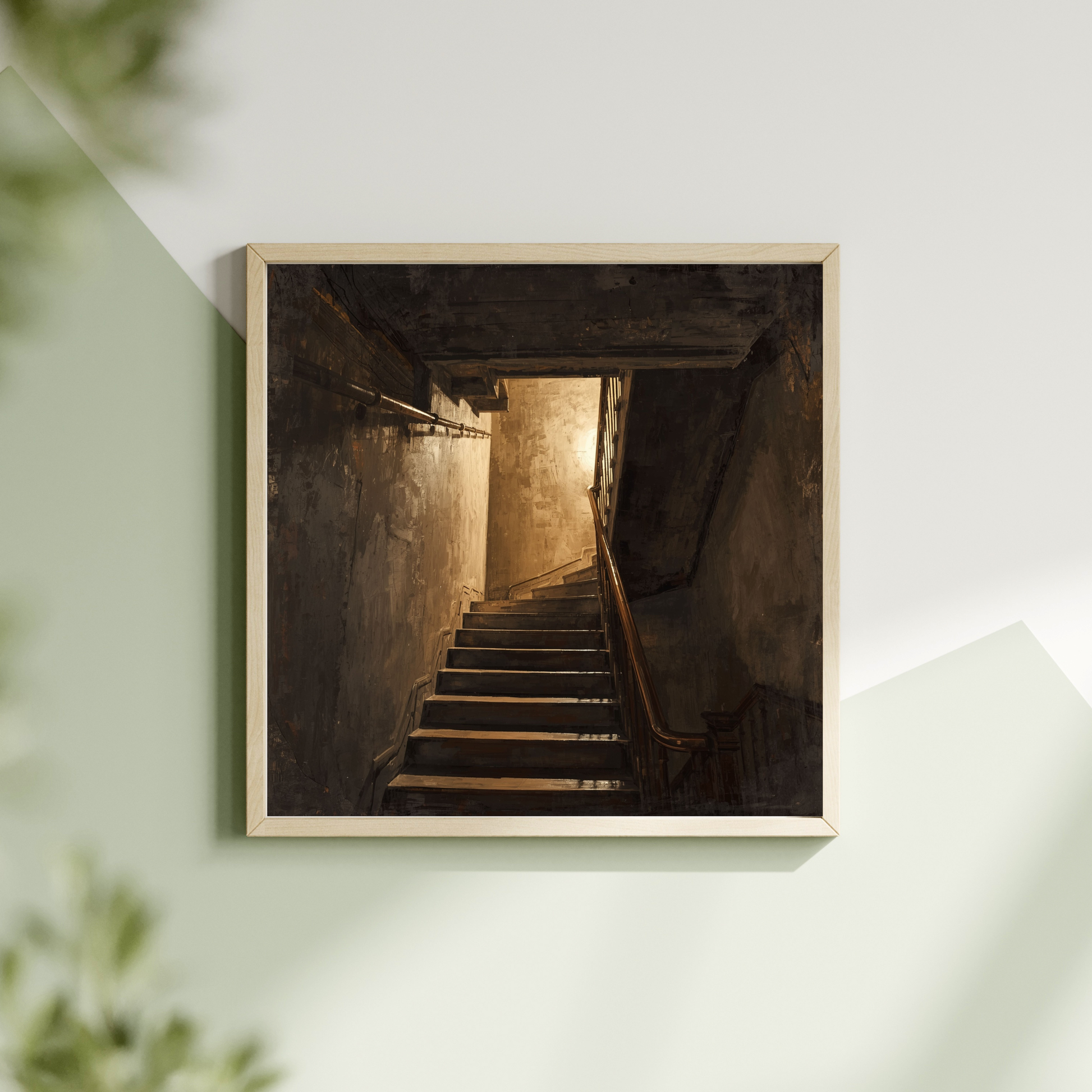Oud trappenhuis schilderij met verweerde stenen trap en warme amberkleurige lichtgloed in witte lijst hangend aan lichte muur met groene plant – atmosferisch wall art overloop
