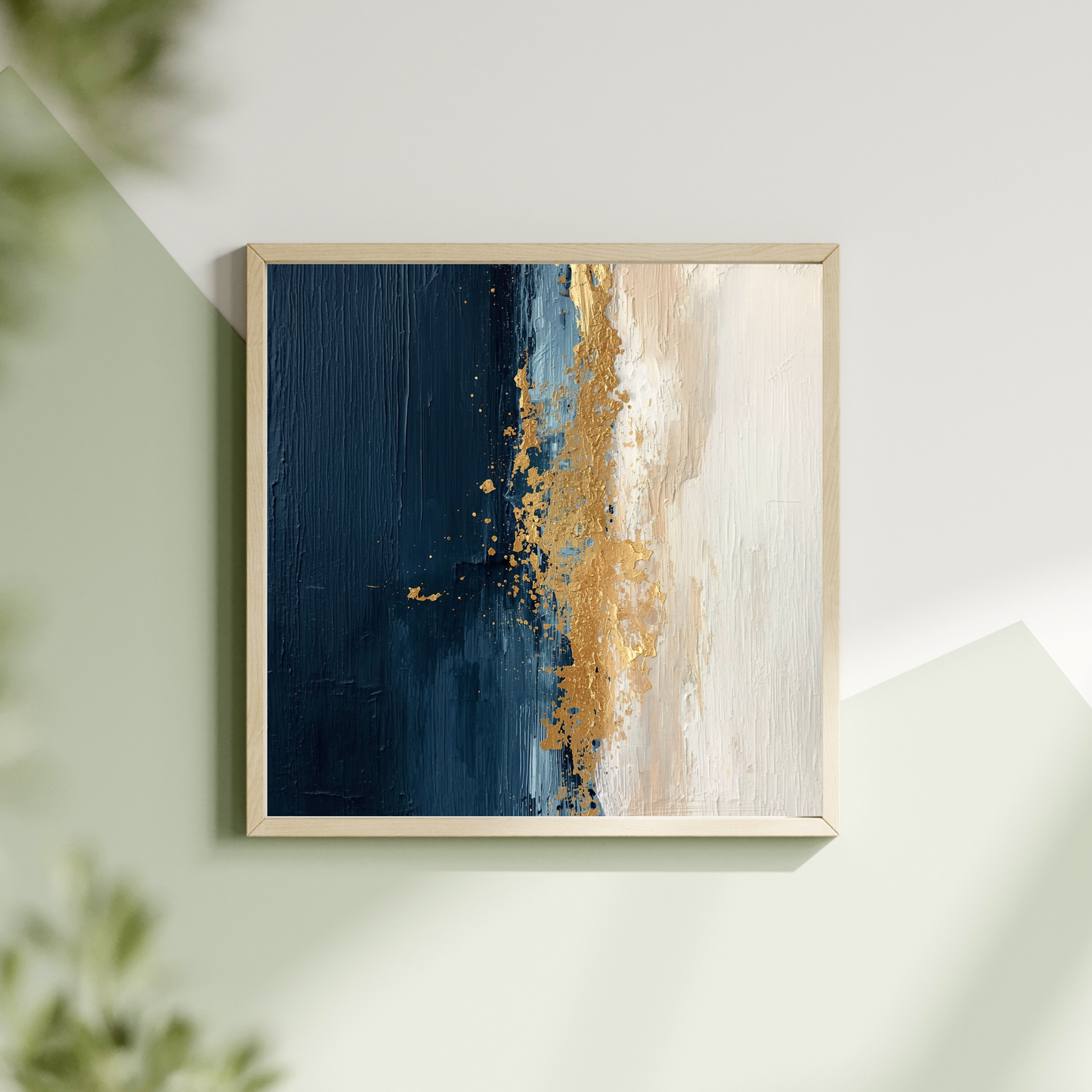 Abstract marineblauw goud kust schilderij met gouden zandvlak en diepblauwe zeepenseellagen in witte lijst hangend aan lichte muur met groene plant – luxueus wall art overloop
