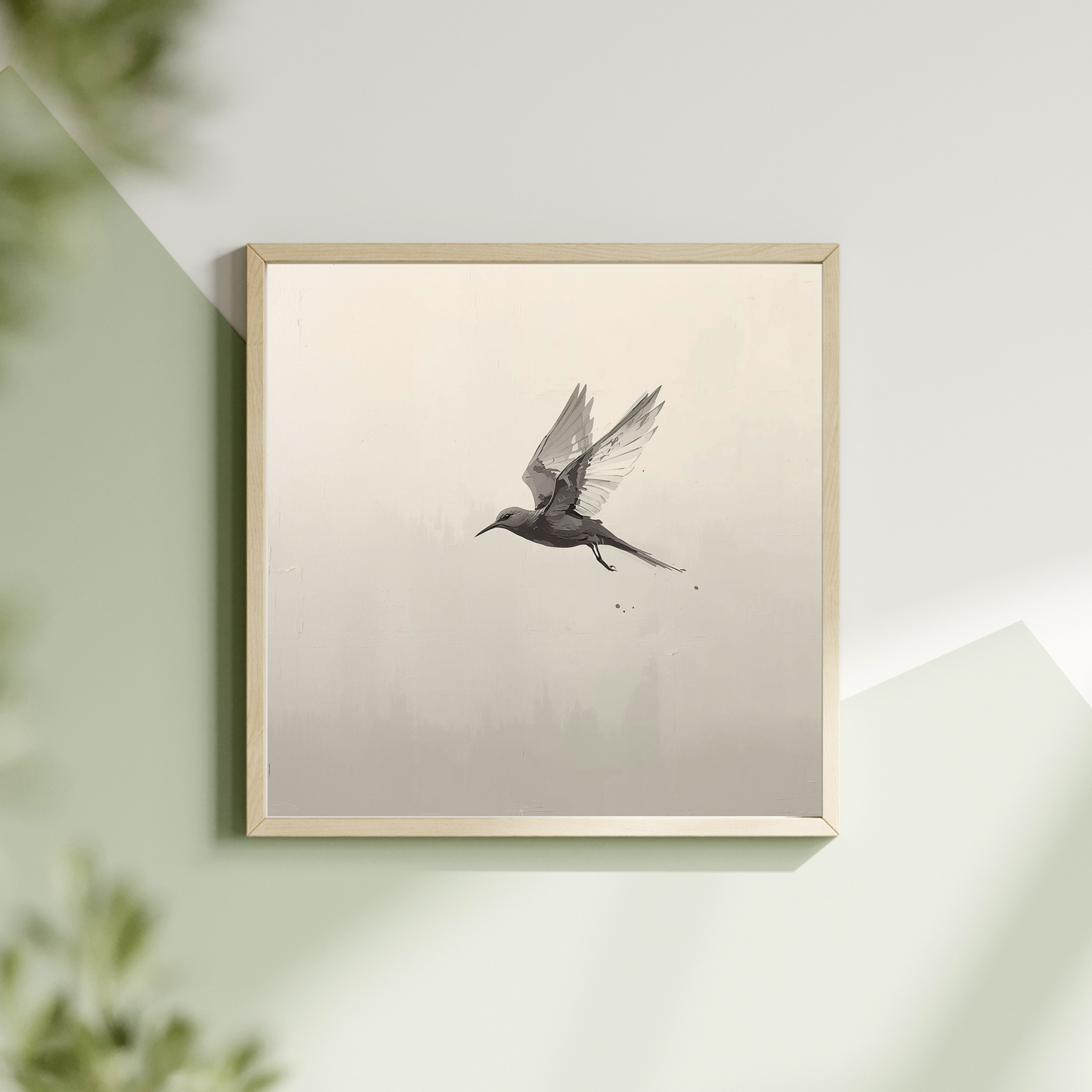 Vliegende kolibrie schilderij met zwarte kolibrie in vlucht op beige fond in gouden lijst hangend aan lichte muur met groene plant – minimalistisch wall art overloop
