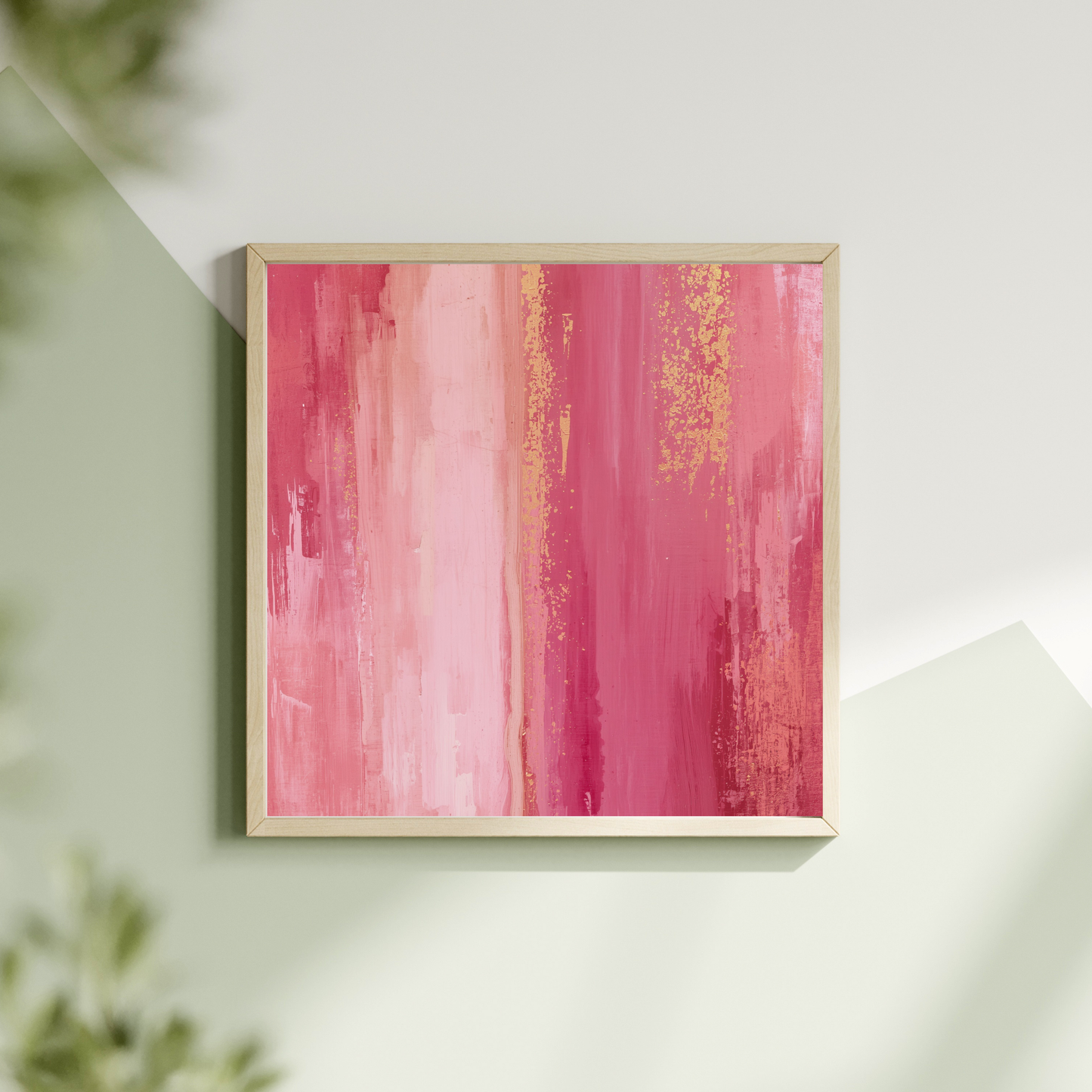 Abstract roze goud verfstroken schilderij met levendige roze verfstroken en gouden spikkels in witte lijst hangend aan lichte muur met groene plant – uitbundig wall art overloop
