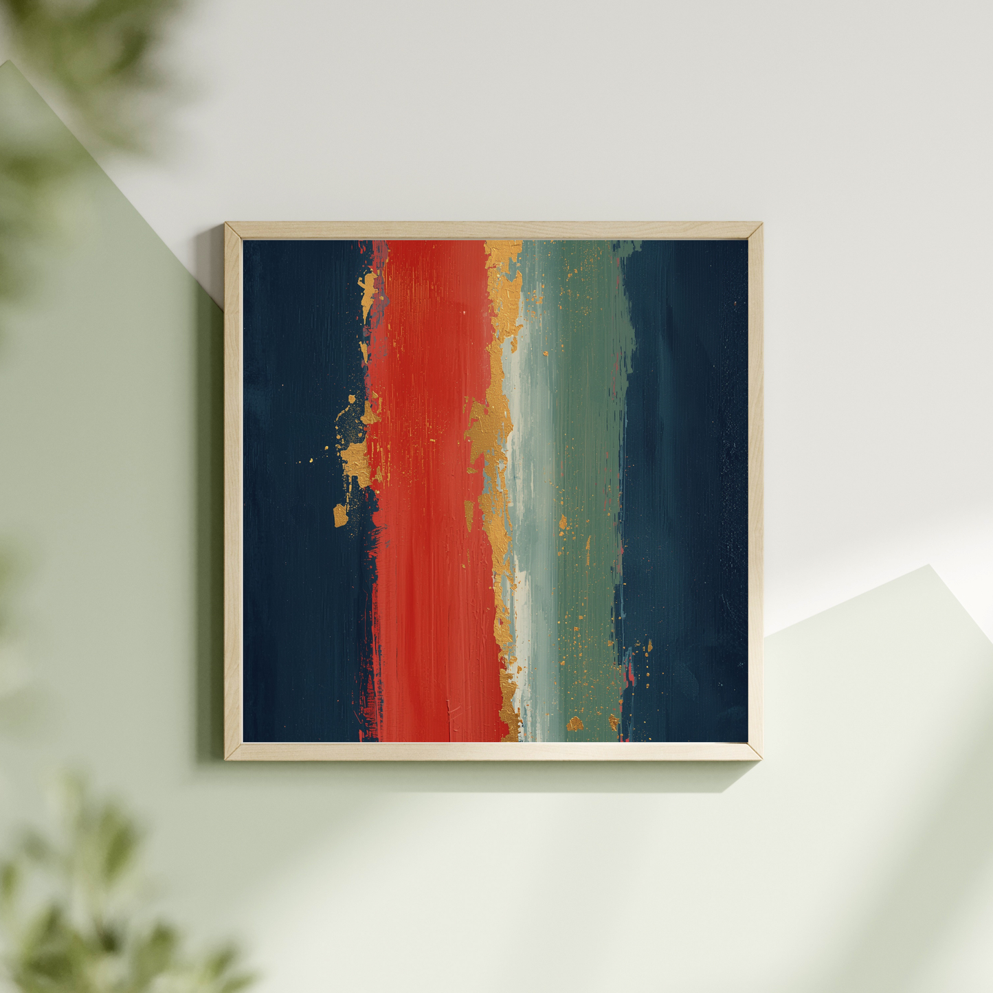 Abstract marineblauw rood schilderij met vuurrode en diepblauwe verticale penseellagen met gouden accenten in witte lijst hangend aan lichte muur met groene plant – krachtig wall art overloop
