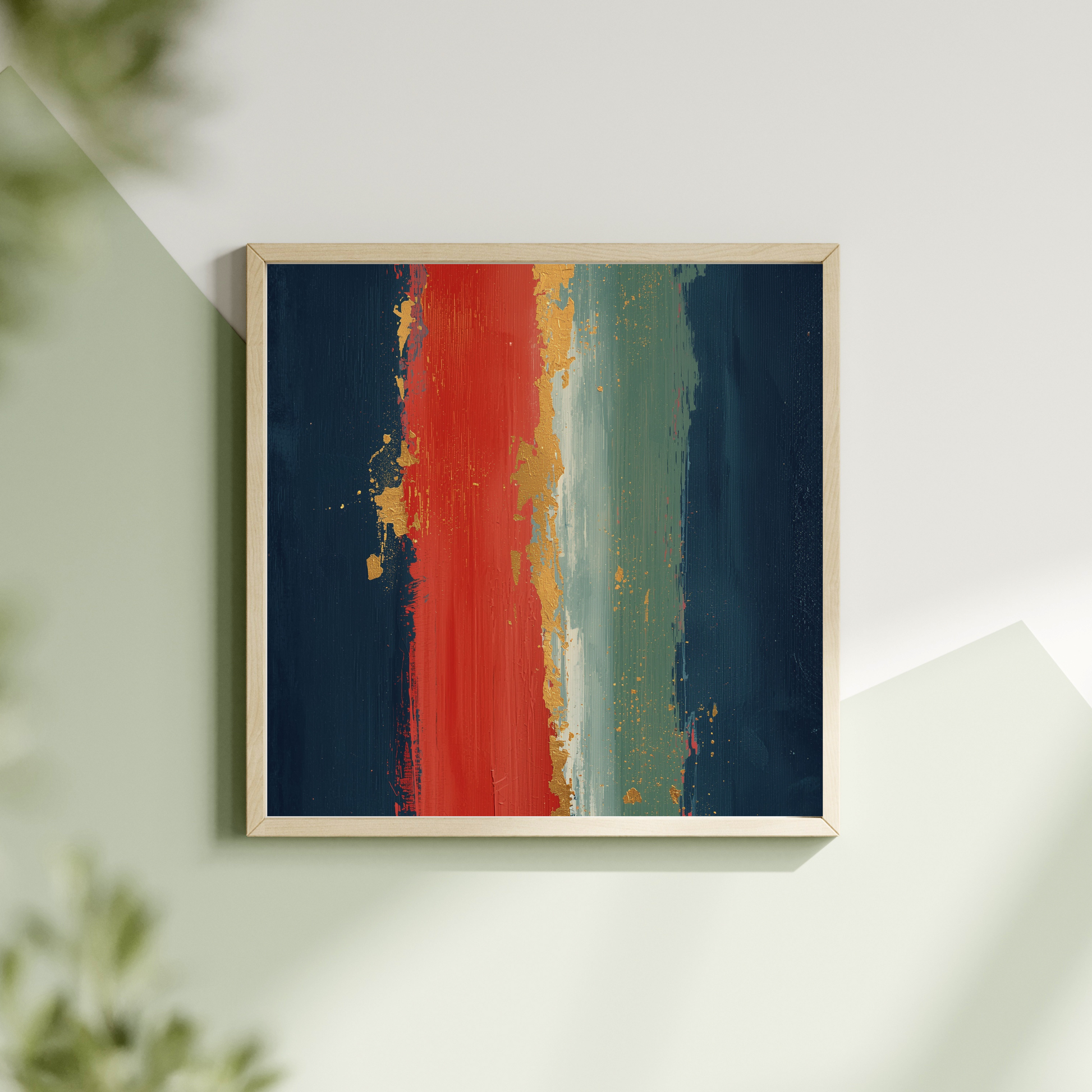Abstract marineblauw rood schilderij met vuurrode en diepblauwe verticale penseellagen met gouden accenten in witte lijst hangend aan lichte muur met groene plant – krachtig wall art overloop

