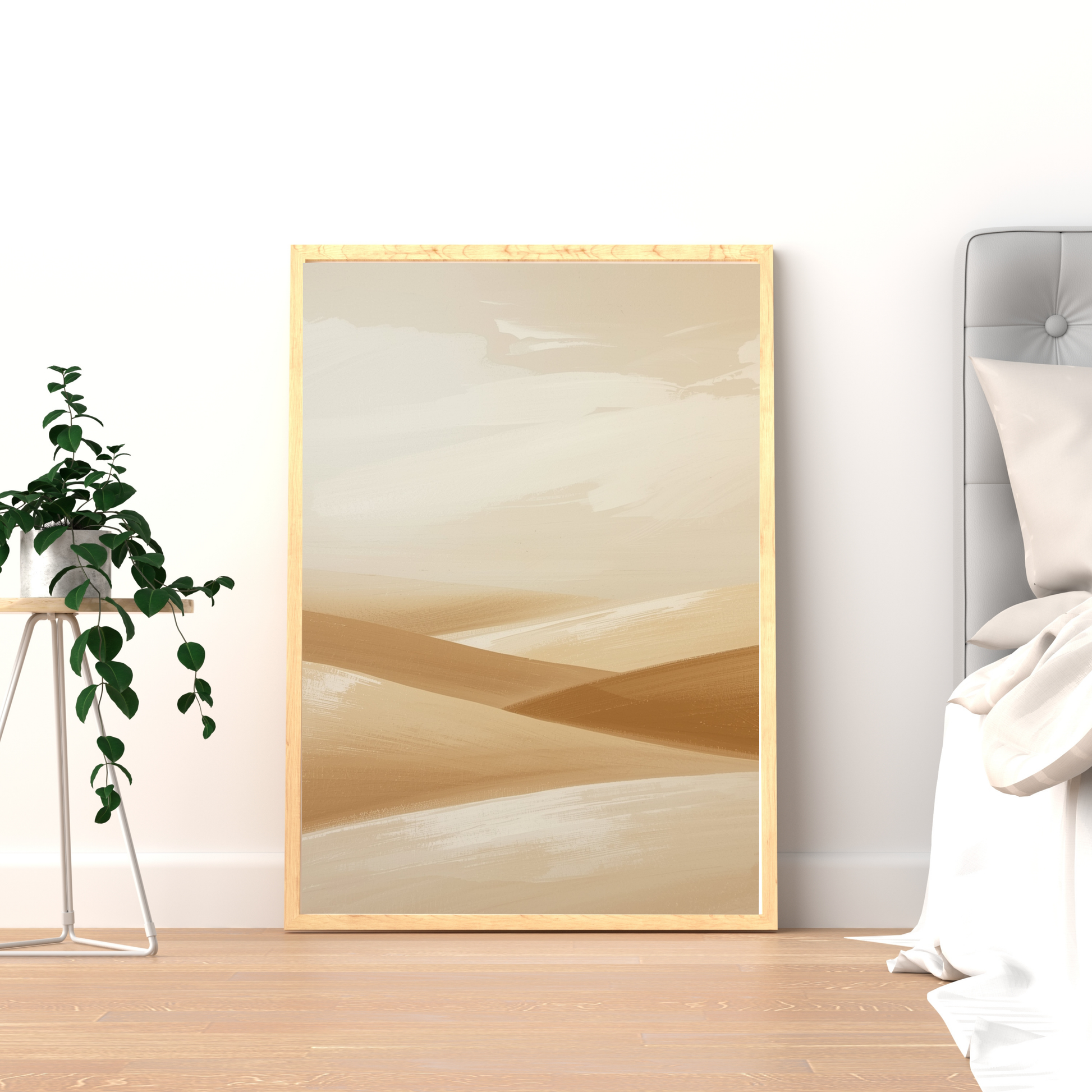 Abstract zandduinen schilderij met zachte beige en gouden duingolven in gouden lijst staand op houten nachtkastje naast logeerbed – sereen wall art logeerkamer
