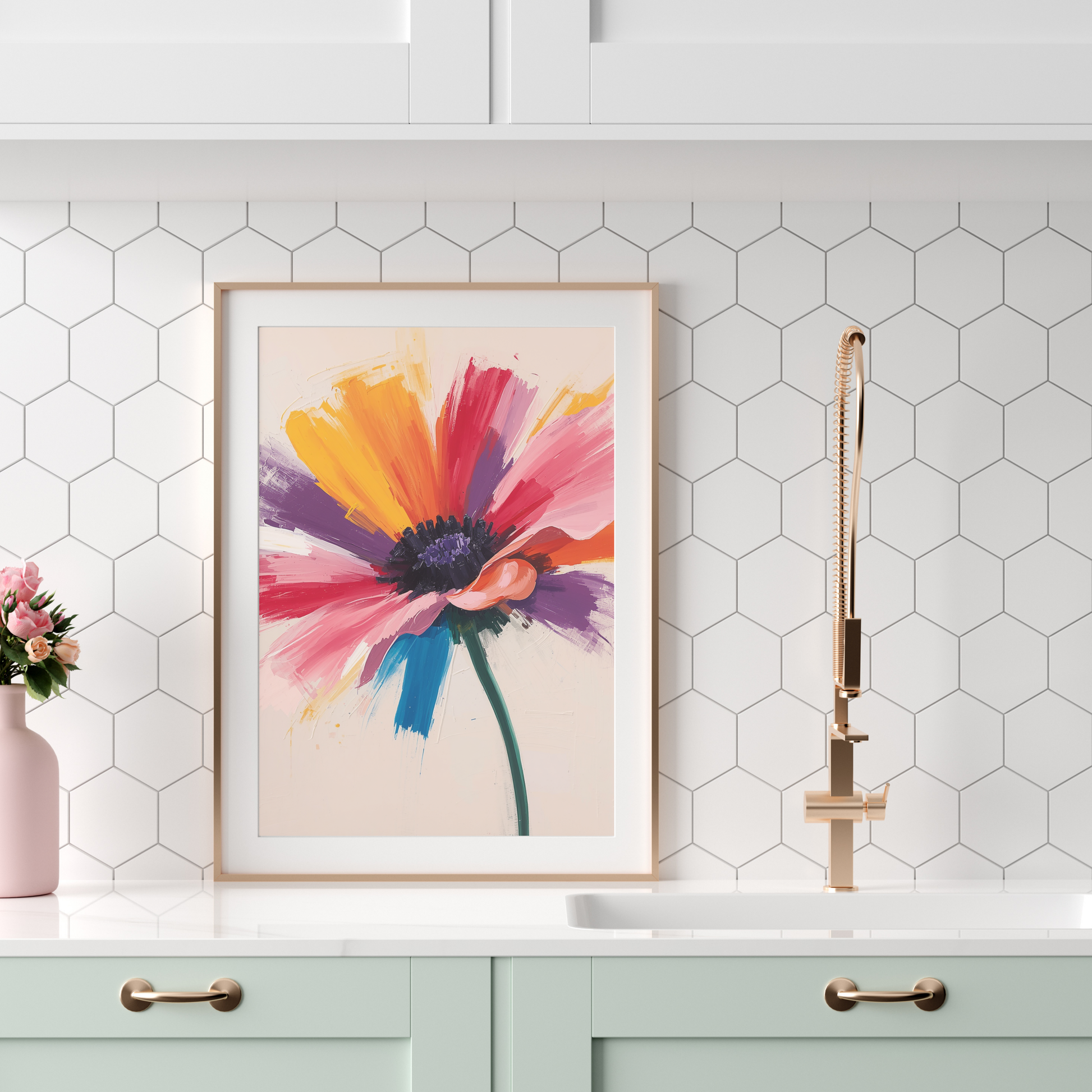 Kleurrijke bloem canvas schilderij in beige lijst boven mintgroene keuken met gouden kraan — expressief wanddecoratie

