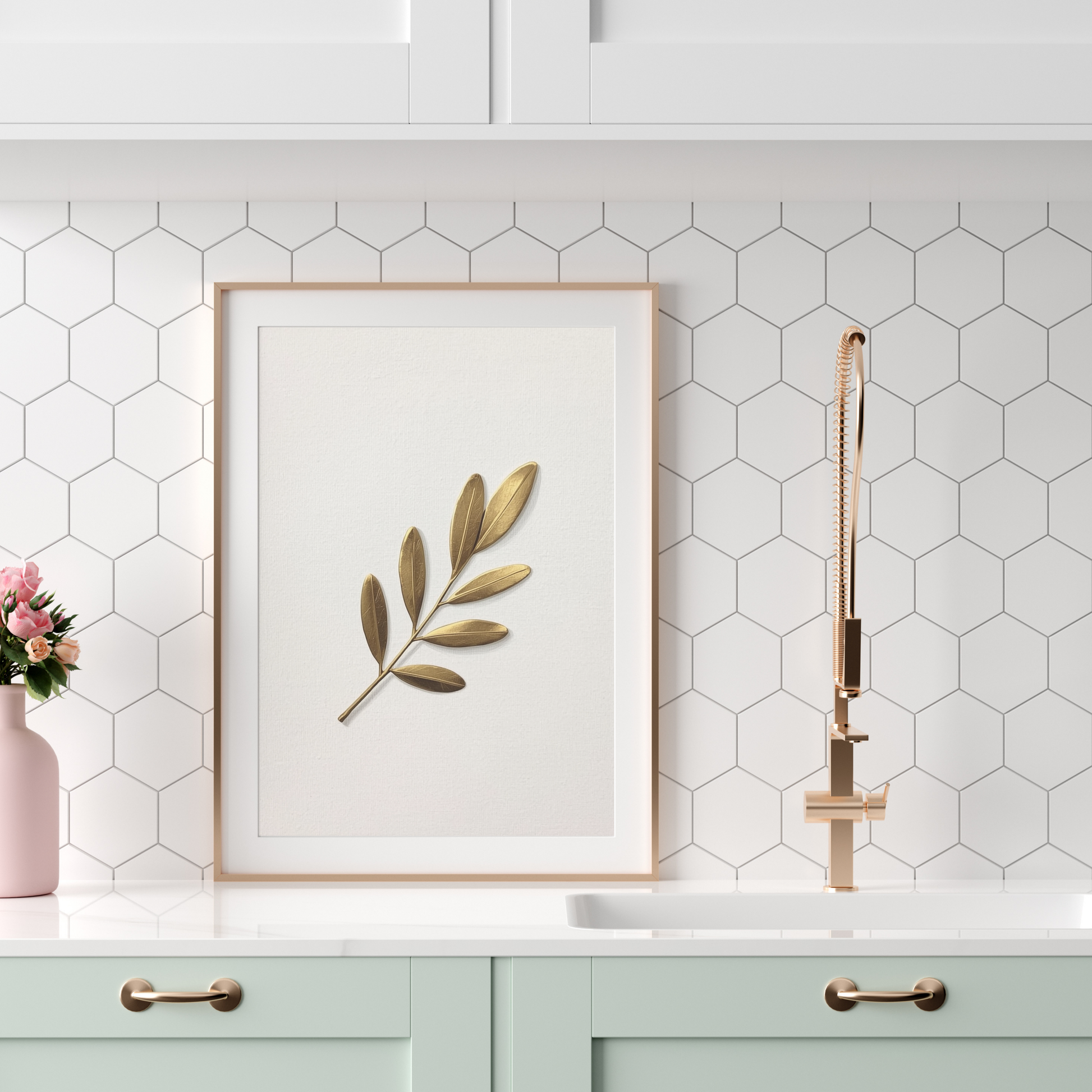 Gouden olijftak canvas schilderij in beige lijst boven mintgroene keuken met gouden kraan — botanisch wanddecoratie
