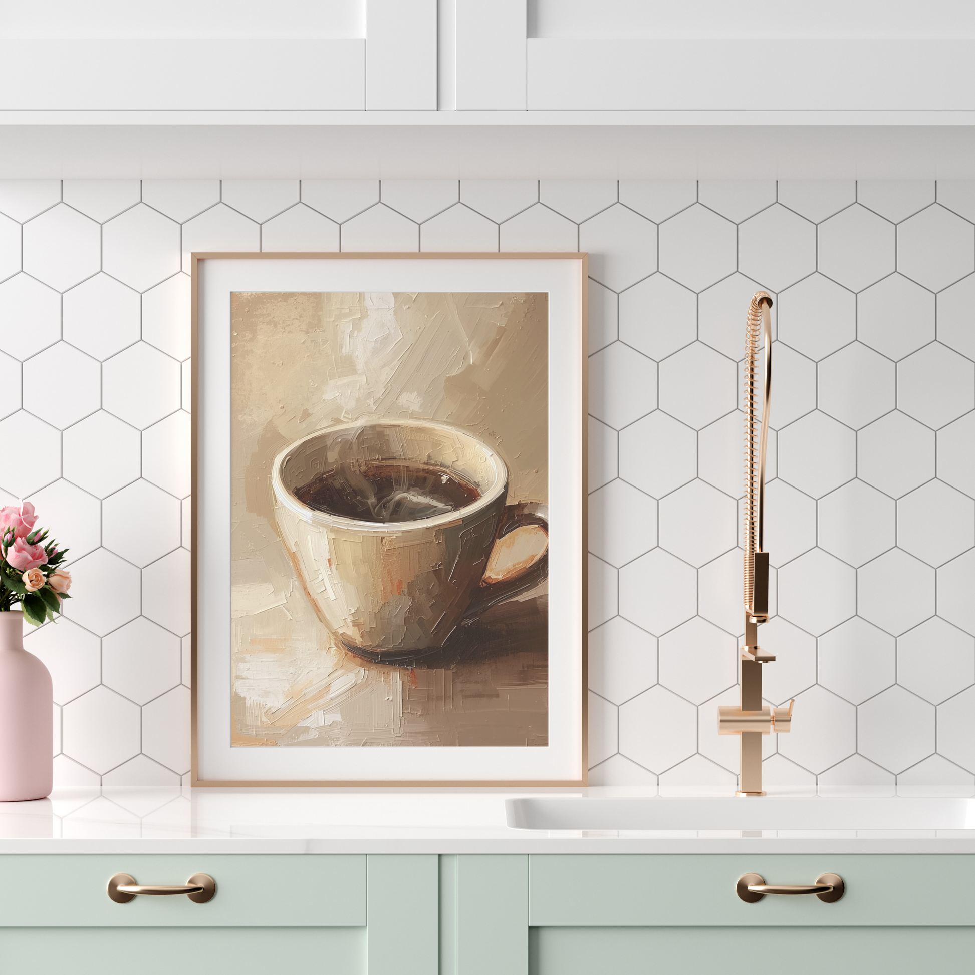 Impressionistisch koffiekopje canvas schilderij in beige lijst boven mintgroene keuken met gouden kraan — warme wanddecoratie
