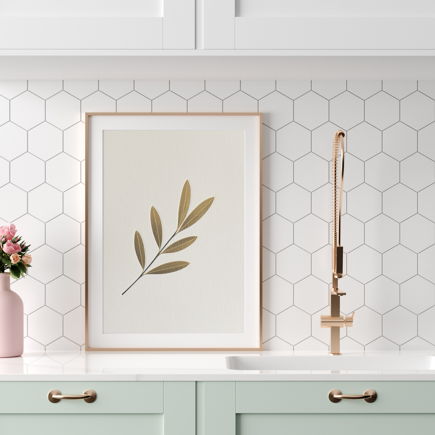 Botanische olijftak canvas schilderij in witte lijst boven mintgroene keuken met gouden kraan — minimalistisch wanddecoratie
