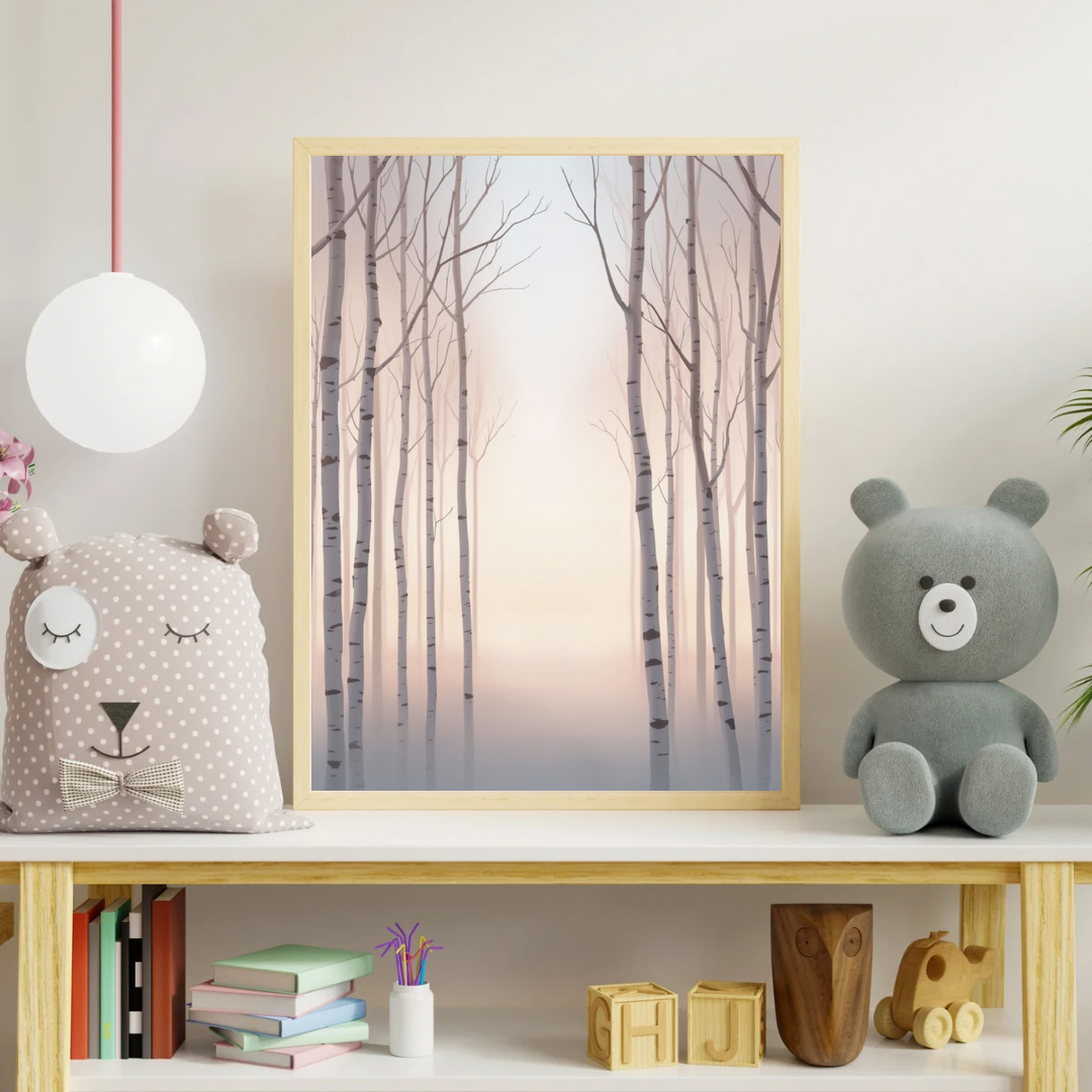 Winterberkenbos canvas schilderij aan kinderkamer muur boven plank met teddybeer — roze schemering wanddecoratie
