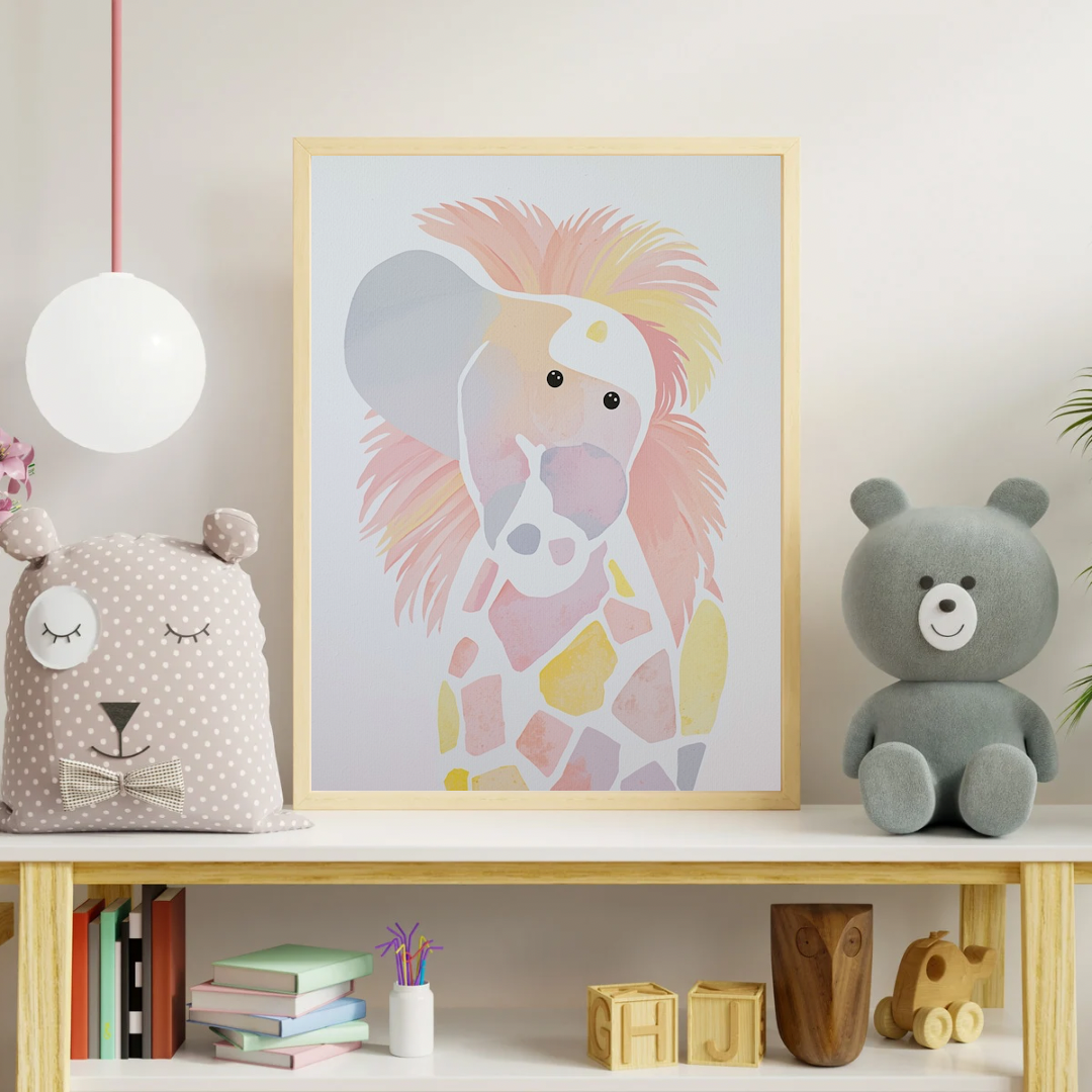 Abstracte hond canvas schilderij aan kinderkamer muur boven plank met teddybeer — kleurrijk pastel wanddecoratie
