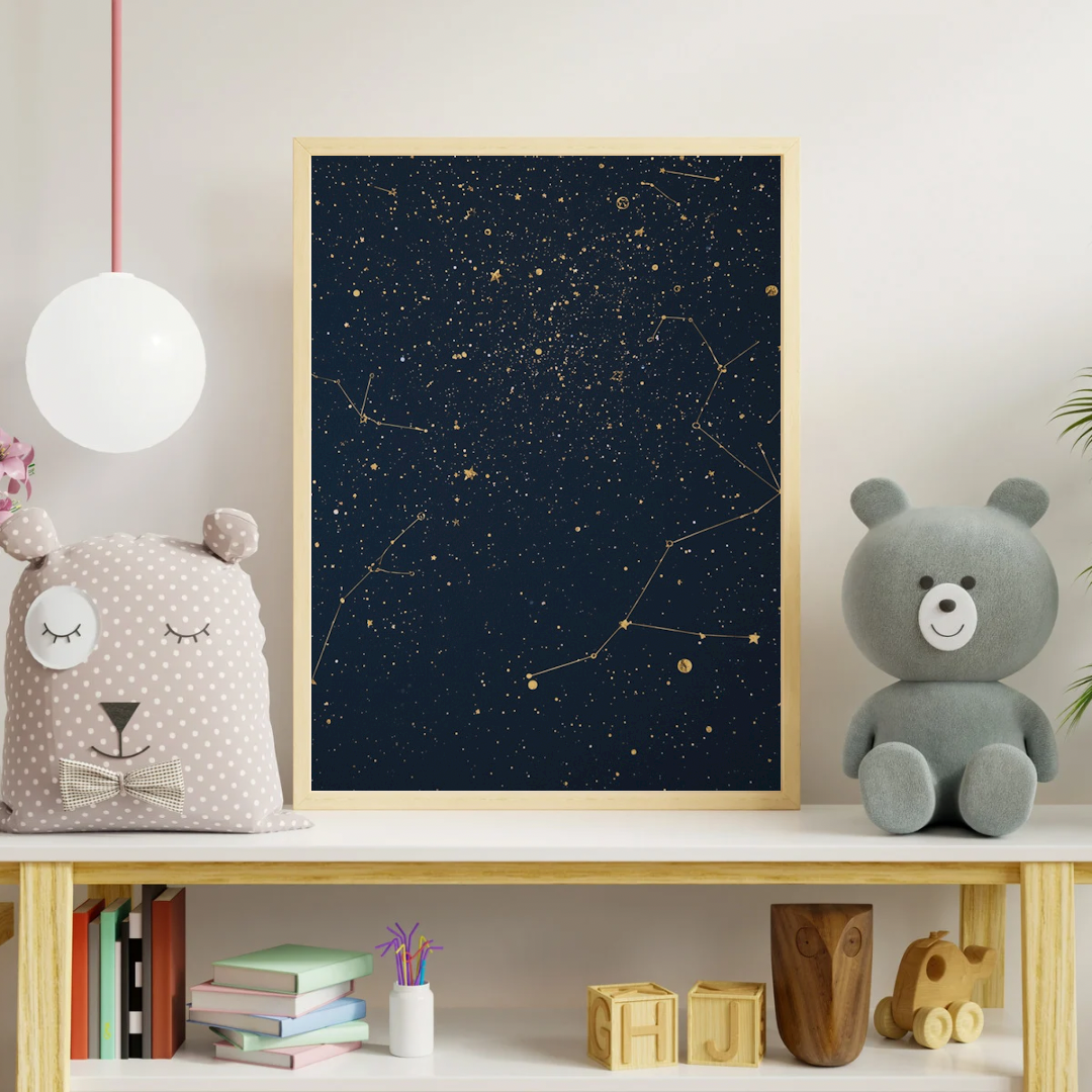 Donkerblauwe sterrenhemel canvas schilderij aan kinderkamer muur boven plank met teddybeer — nachtelijke hemel wanddecoratie

