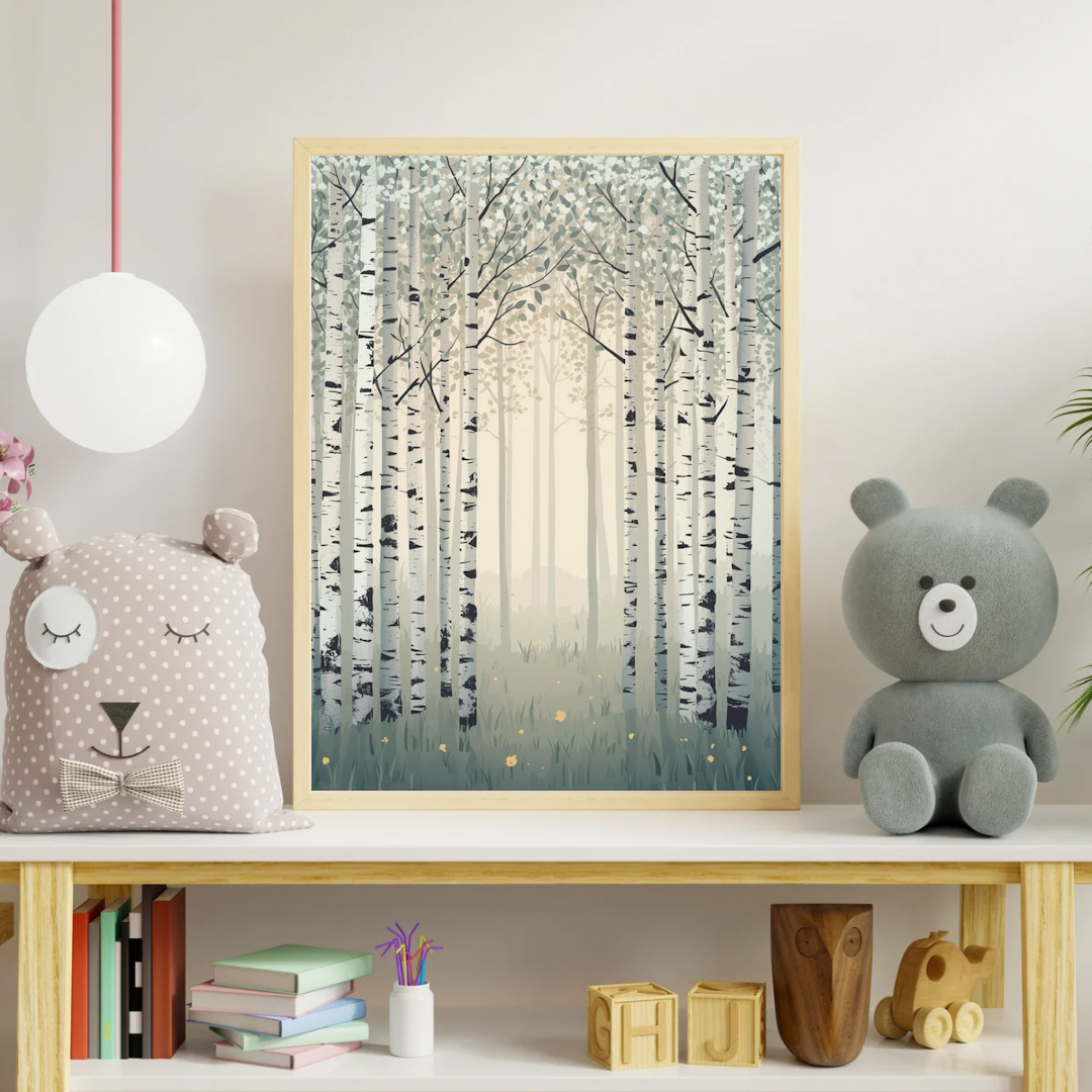 Berkenbos mist canvas schilderij aan kinderkamer muur boven plank met teddybeer — grijs winterbos wanddecoratie
