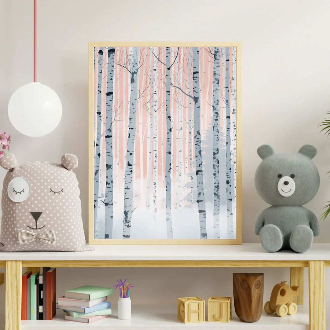 Berkenbos roze pastel canvas schilderij aan kinderkamer muur boven plank met teddybeer — dromerig bomen wanddecoratie
