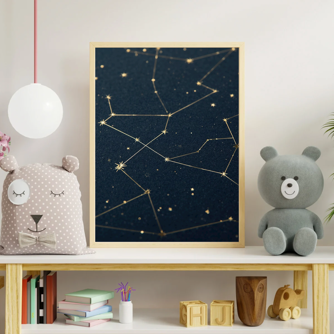 Sterrenbeeld constellatie canvas schilderij in gouden lijst op kinderkamer plank met teddybeer en boeken — nachtelijke hemel wanddecoratie
