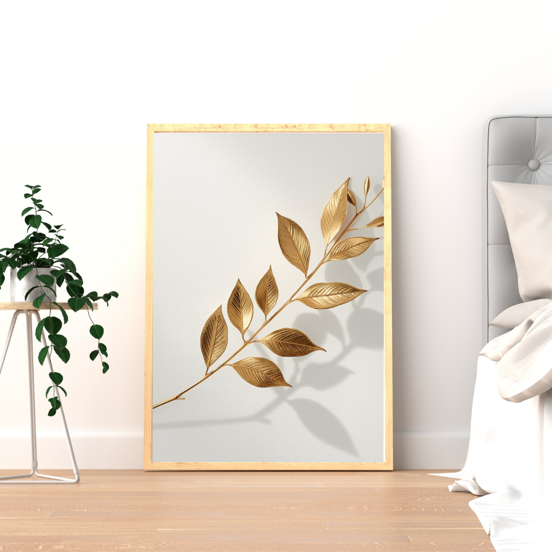 Botanische gouden tak canvas schilderij in gouden lijst op houten plank met plant — logeerkamer wanddecoratie
