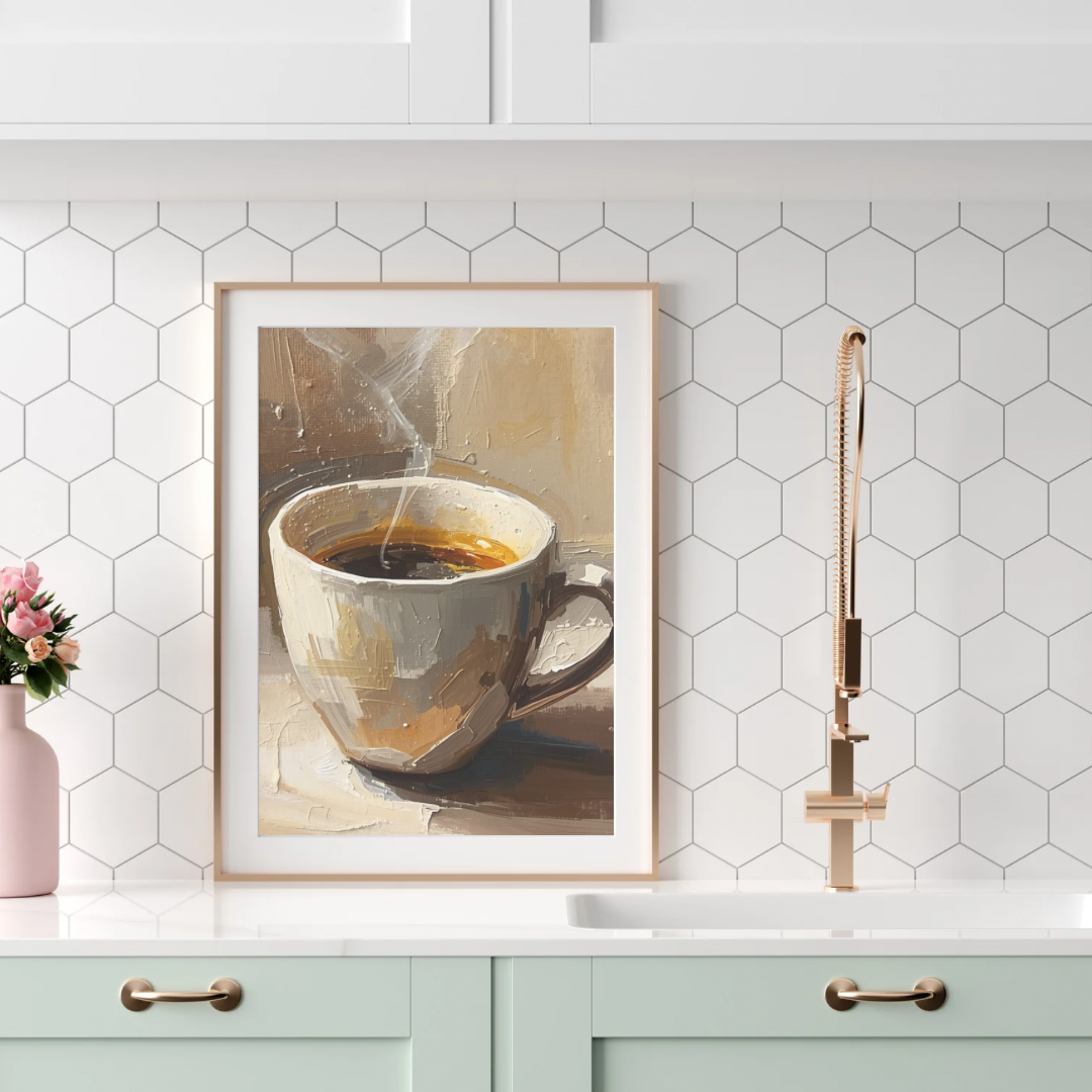 Ochtend koffie mok canvas schilderij in beige lijst boven mintgroene keuken met gouden kraan — impressionistisch wanddecoratie
