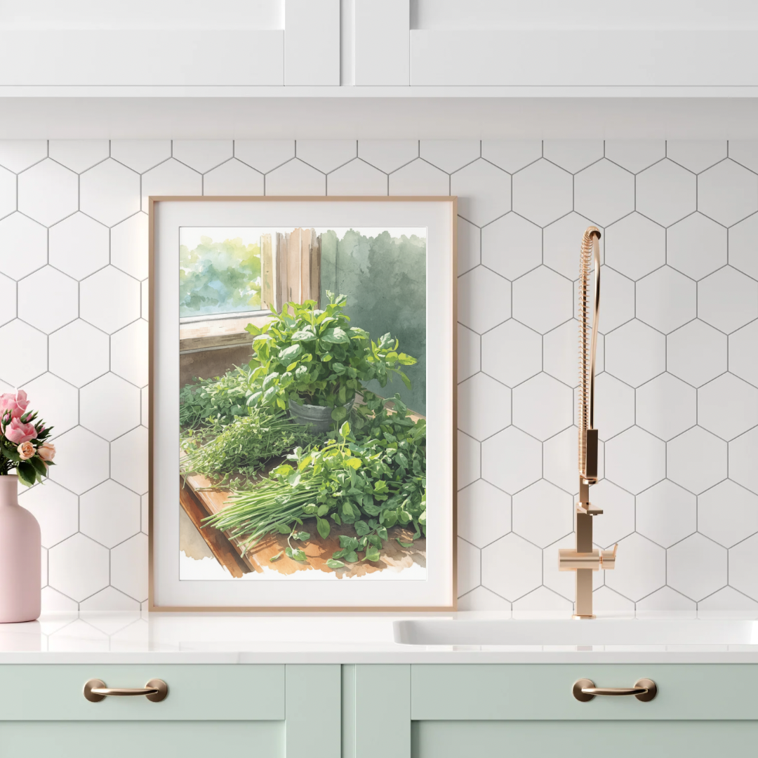Aquarel kruidentuin vensterbank canvas schilderij in beige lijst boven mintgroene keuken met gouden kraan — verse kruiden wanddecoratie

