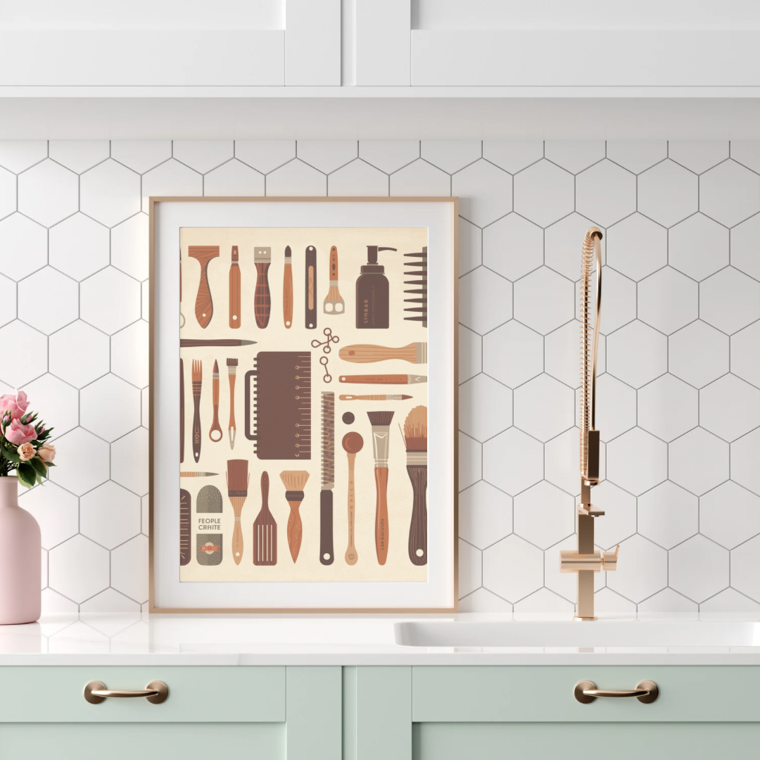 Vintage kunstenaarsgereedschap canvas schilderij aan witte muur in hobbyruimte met houten tafels en hangende lampen — ambacht wanddecoratie
