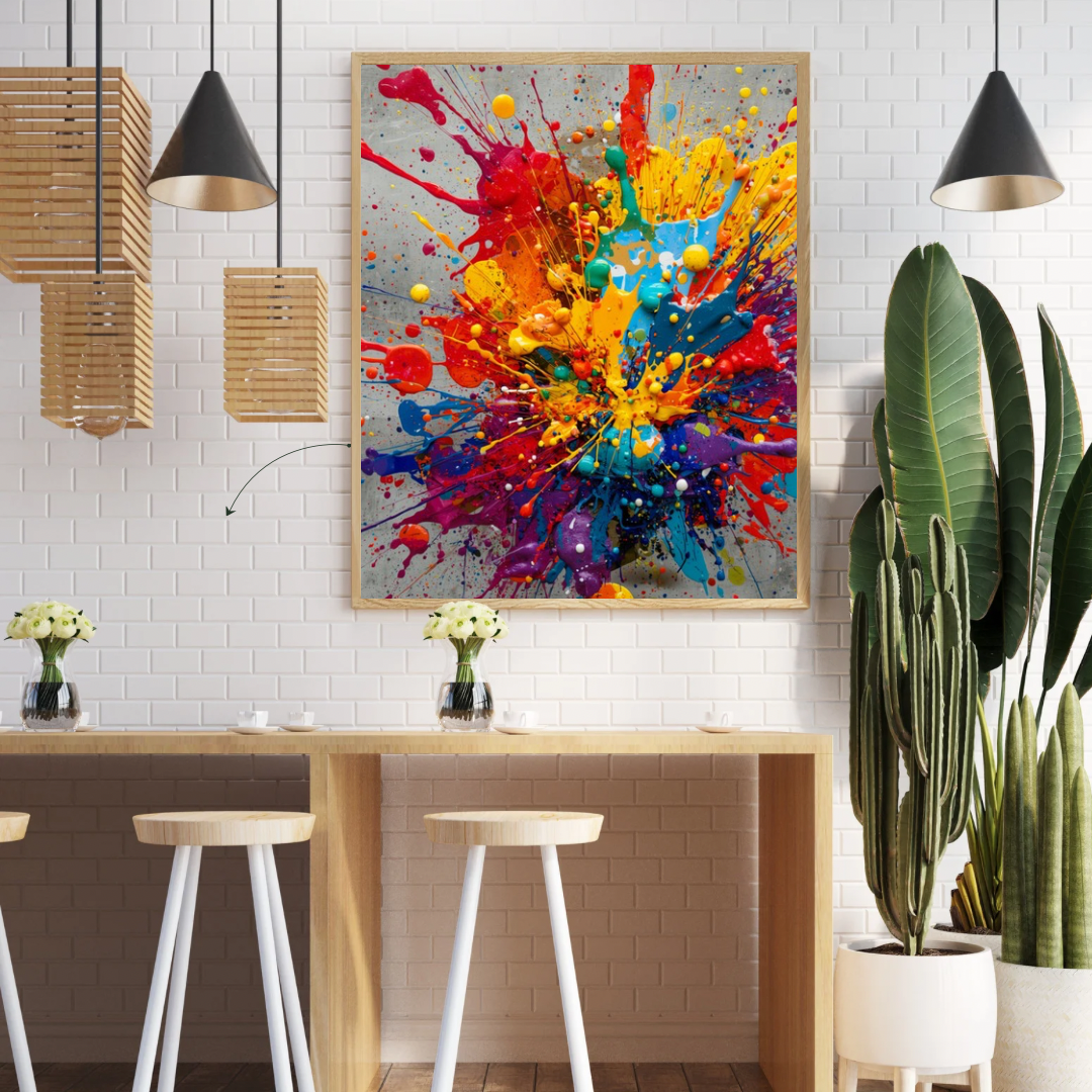 Abstract kleurenexplosie canvas schilderij aan witte muur in hobbyruimte met houten tafels en hangende lampen — energiek wanddecoratie
